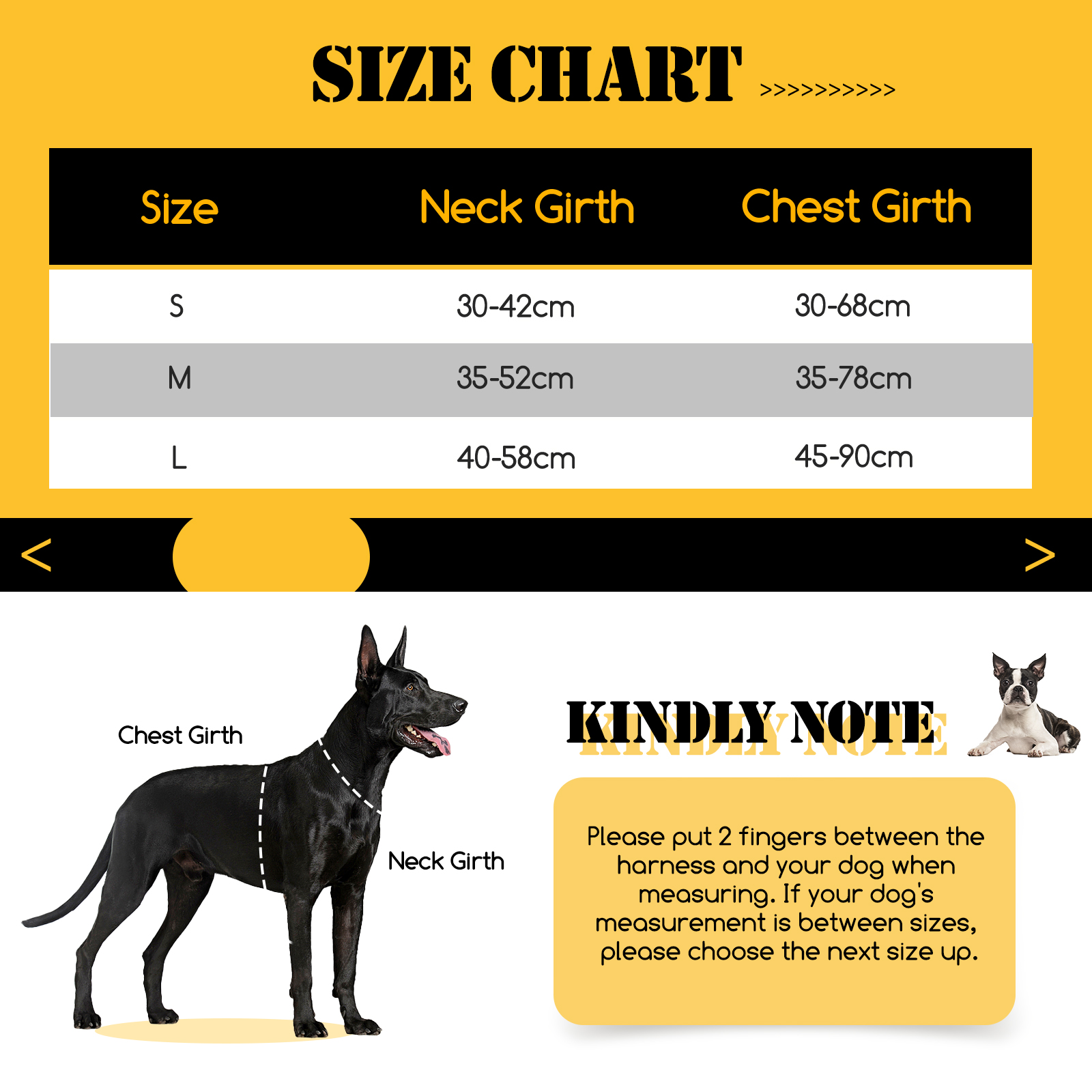 Tabla de tallas para arneses para perros, mostrando medidas de cuello y pecho en cm.