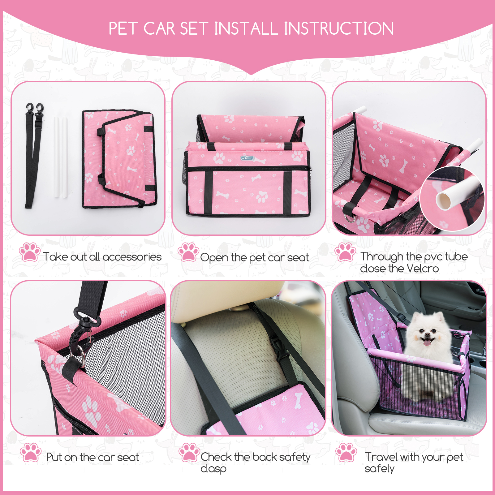 Instrucciones de instalación del asiento para mascotas. Muestra accesorios, pasos de montaje y un perro en el asiento.