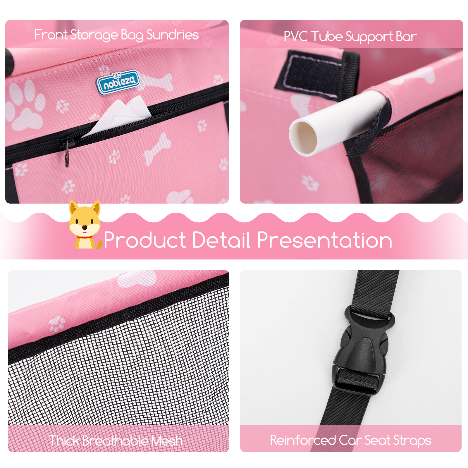 Detalles del producto: un transportín rosa para mascotas con almacenamiento frontal, una barra de soporte de tubo de PVC, malla y correas para el asiento del coche.