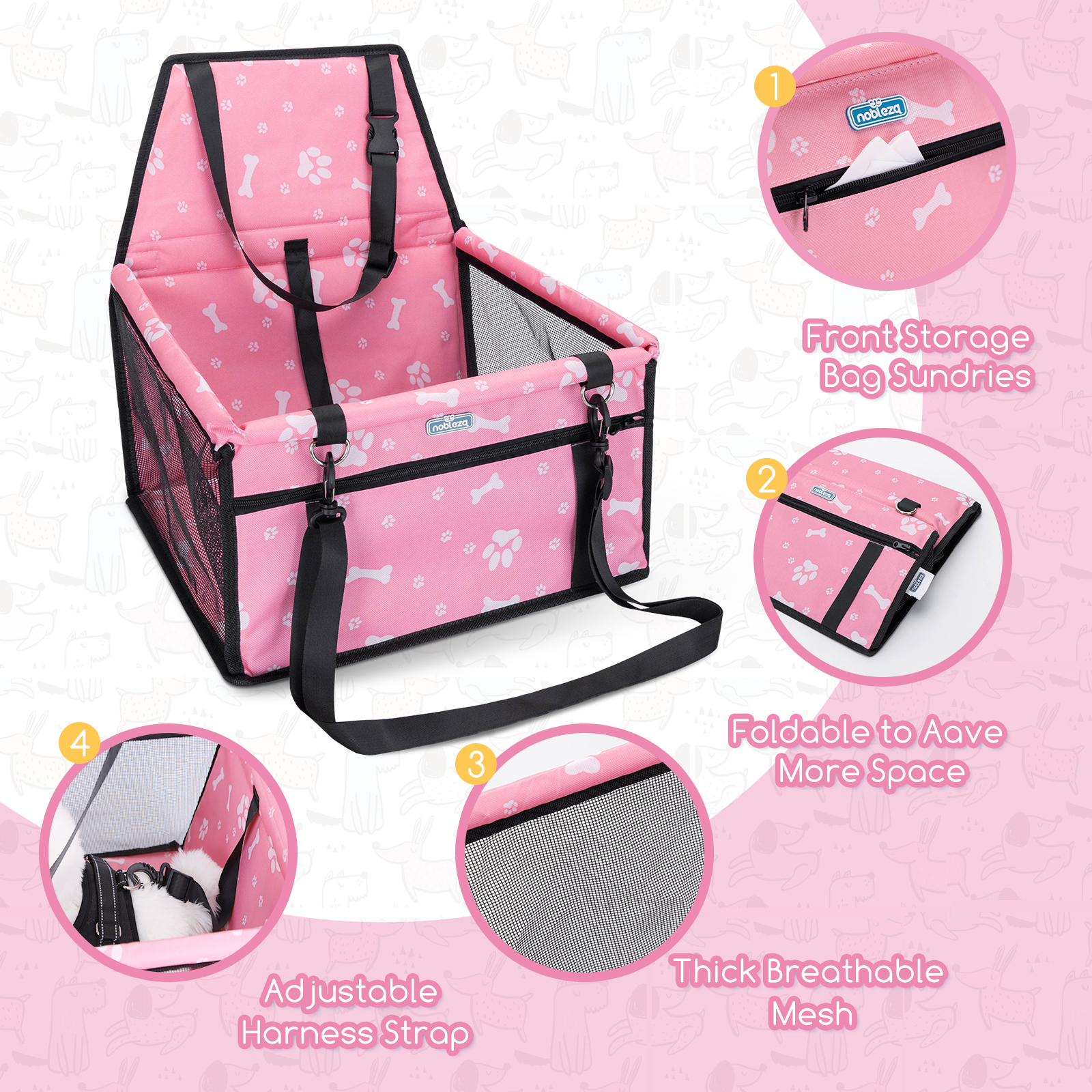 Transportín rosa para mascotas con huellas y huesos blancos, correas negras, malla y bolsillo con cremallera.