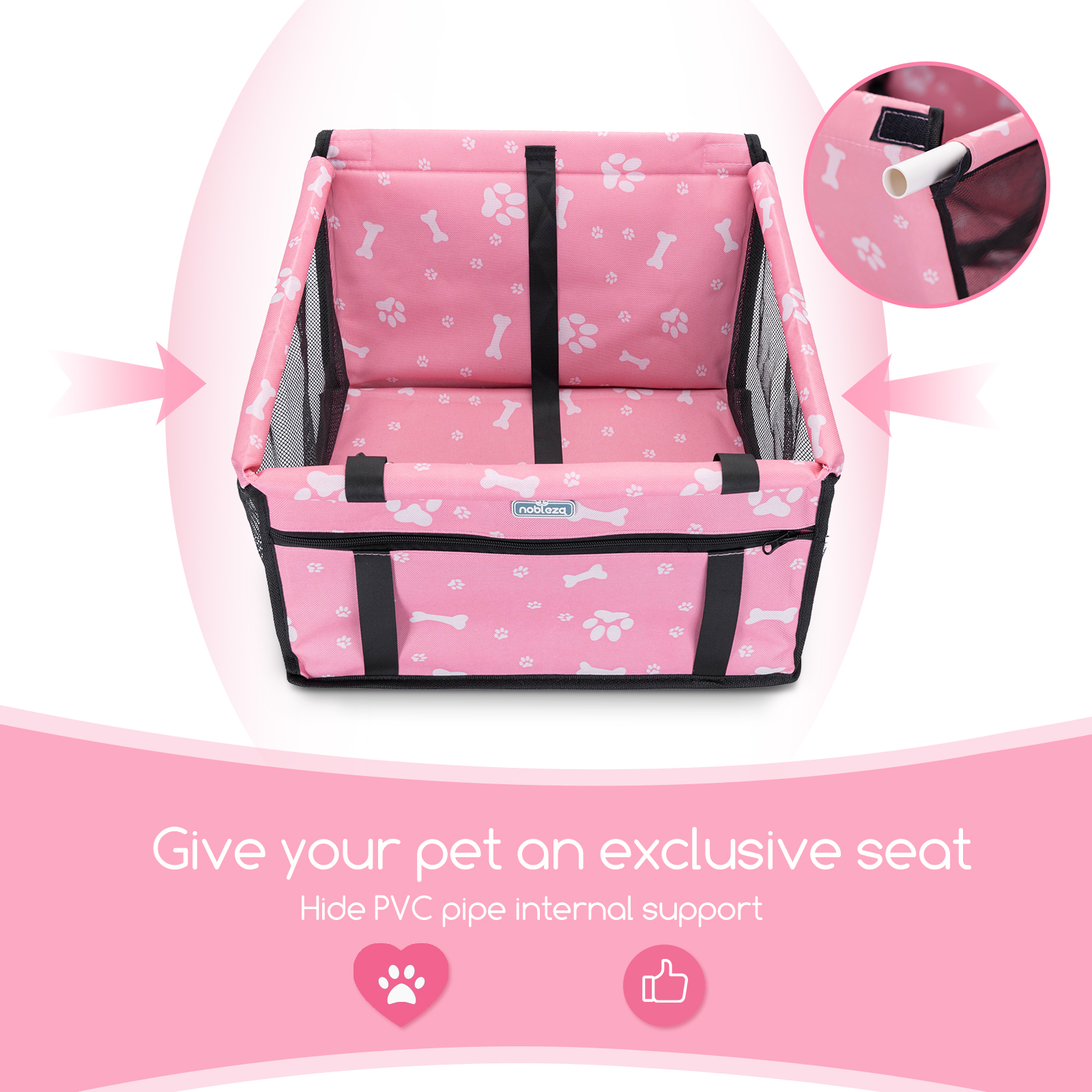 Asiento para coche para perros rosa con huesos y huellas de patas, laterales de malla negra y asas negras.