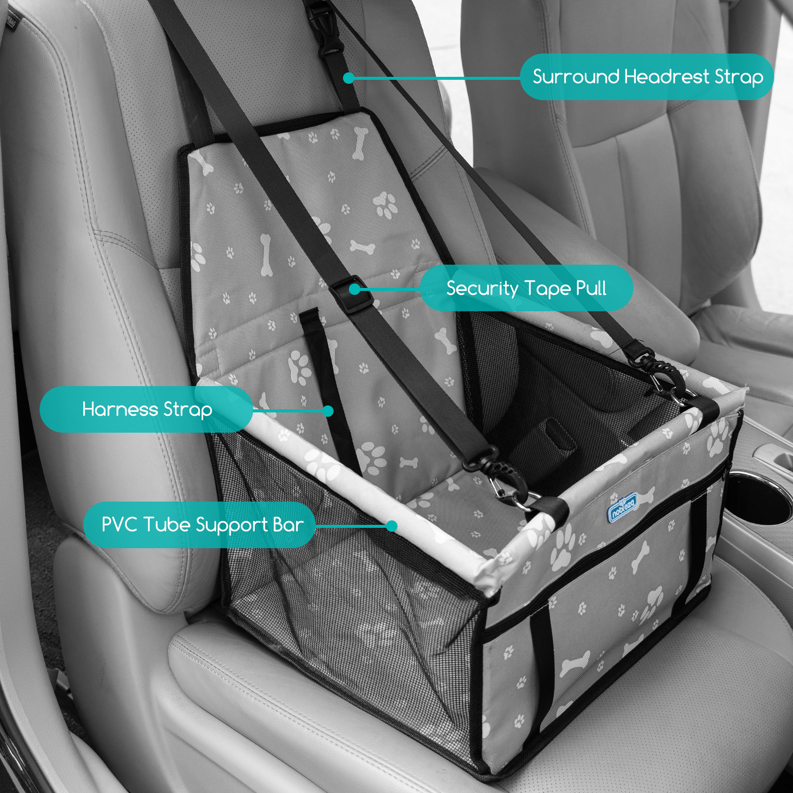 Un asiento para perro en un coche con etiquetas. Incluye arnés, barra de soporte y correa para el reposacabezas.