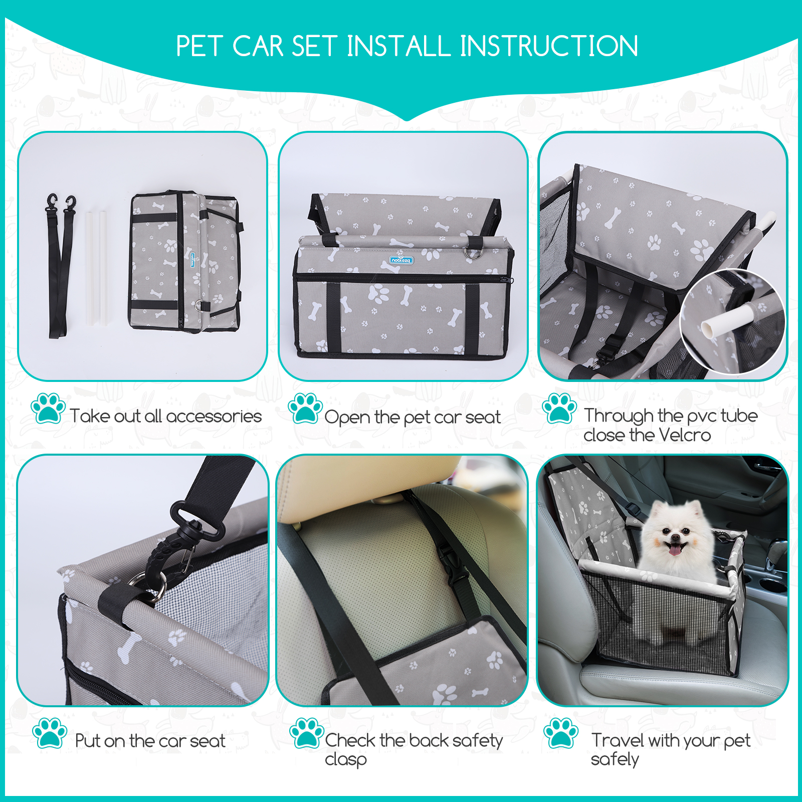 Instrucciones muestran cómo montar un asiento de coche para mascotas, con pasos como sacar accesorios.