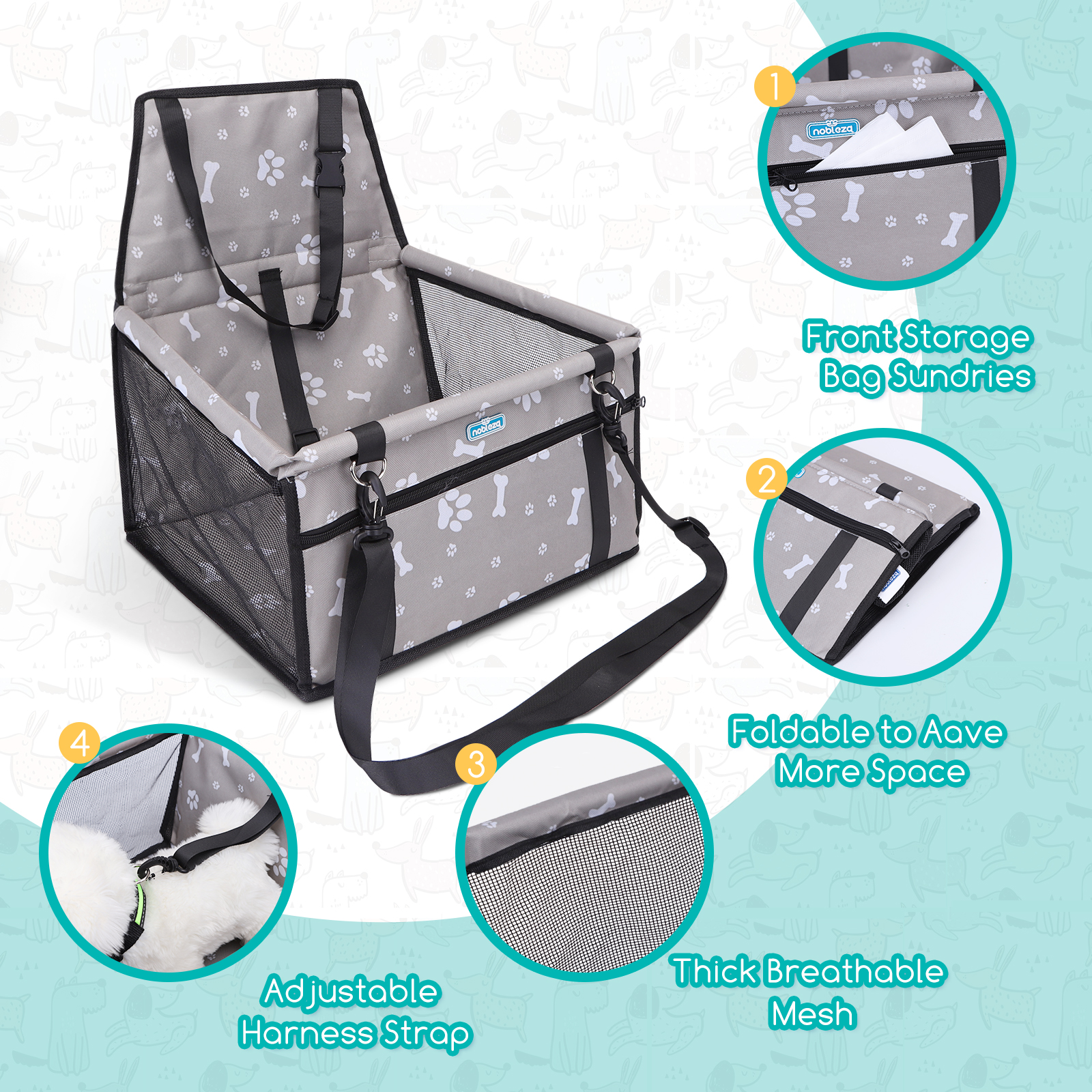 Un transportín gris para mascotas con múltiples características etiquetadas: almacenamiento, plegable, malla y correa, con un perro dentro.