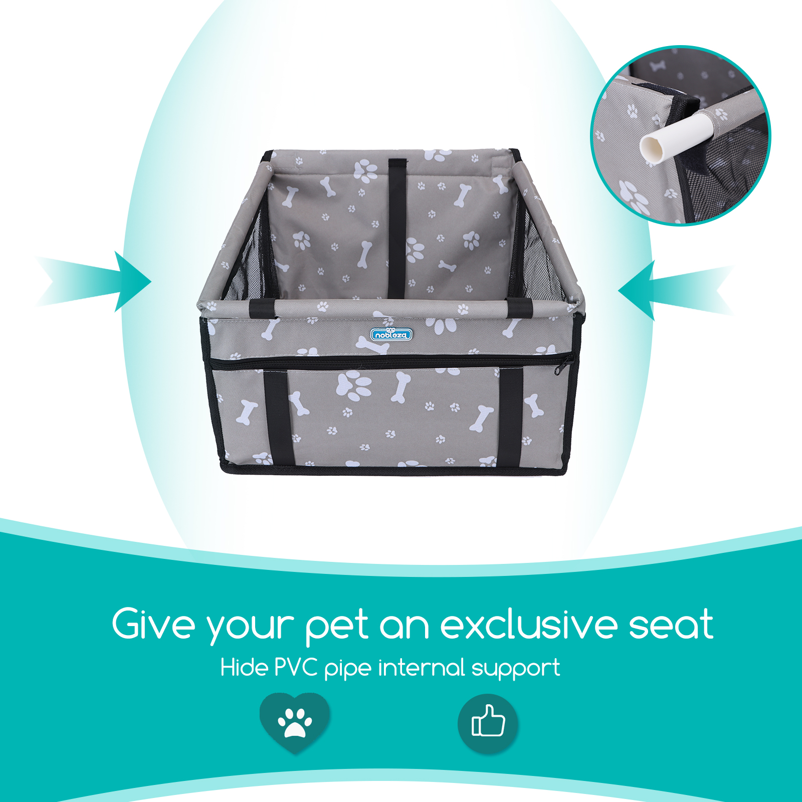 Un asiento de coche para mascotas gris con huellas de patas y huesos. Las flechas muestran la dirección.