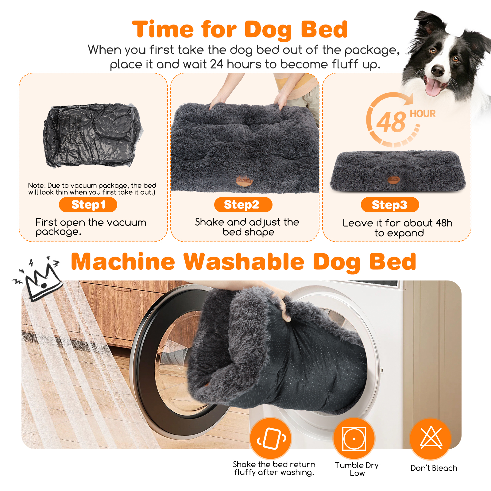 Una cama para perros. Las instrucciones muestran cómo abrir la bolsa sellada al vacío, agitar y dejarla expandir durante 48 horas.