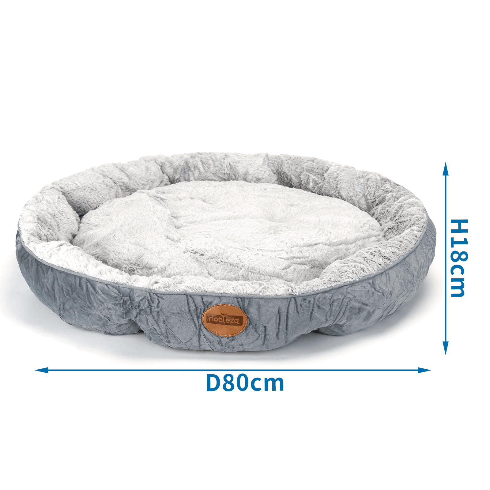 Cama gris para mascotas con interior afelpado, logo marrón y dimensiones D80cm y H18cm.
