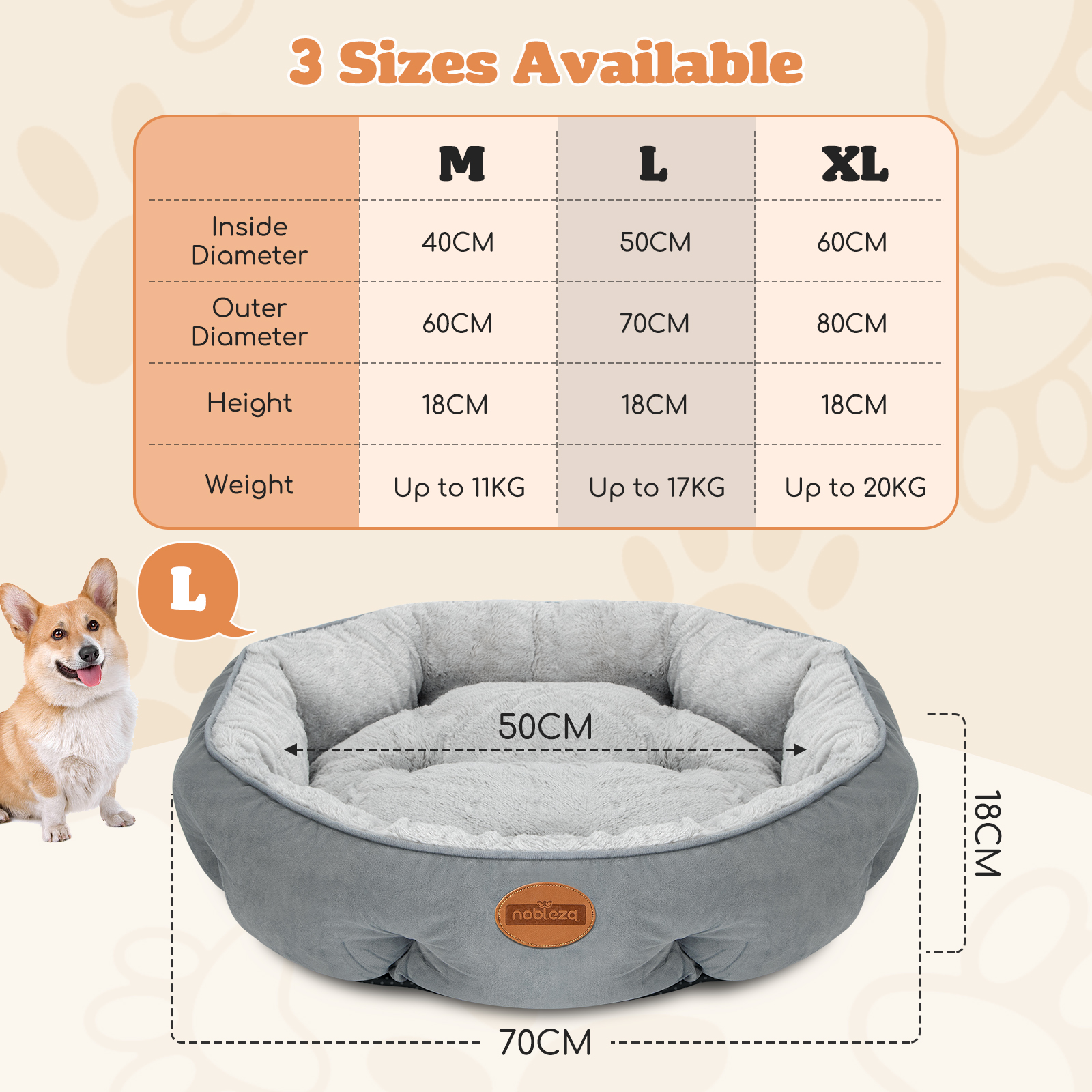 Una cama para perros con dimensiones. Un perro, cama y tabla de tallas son visibles.
