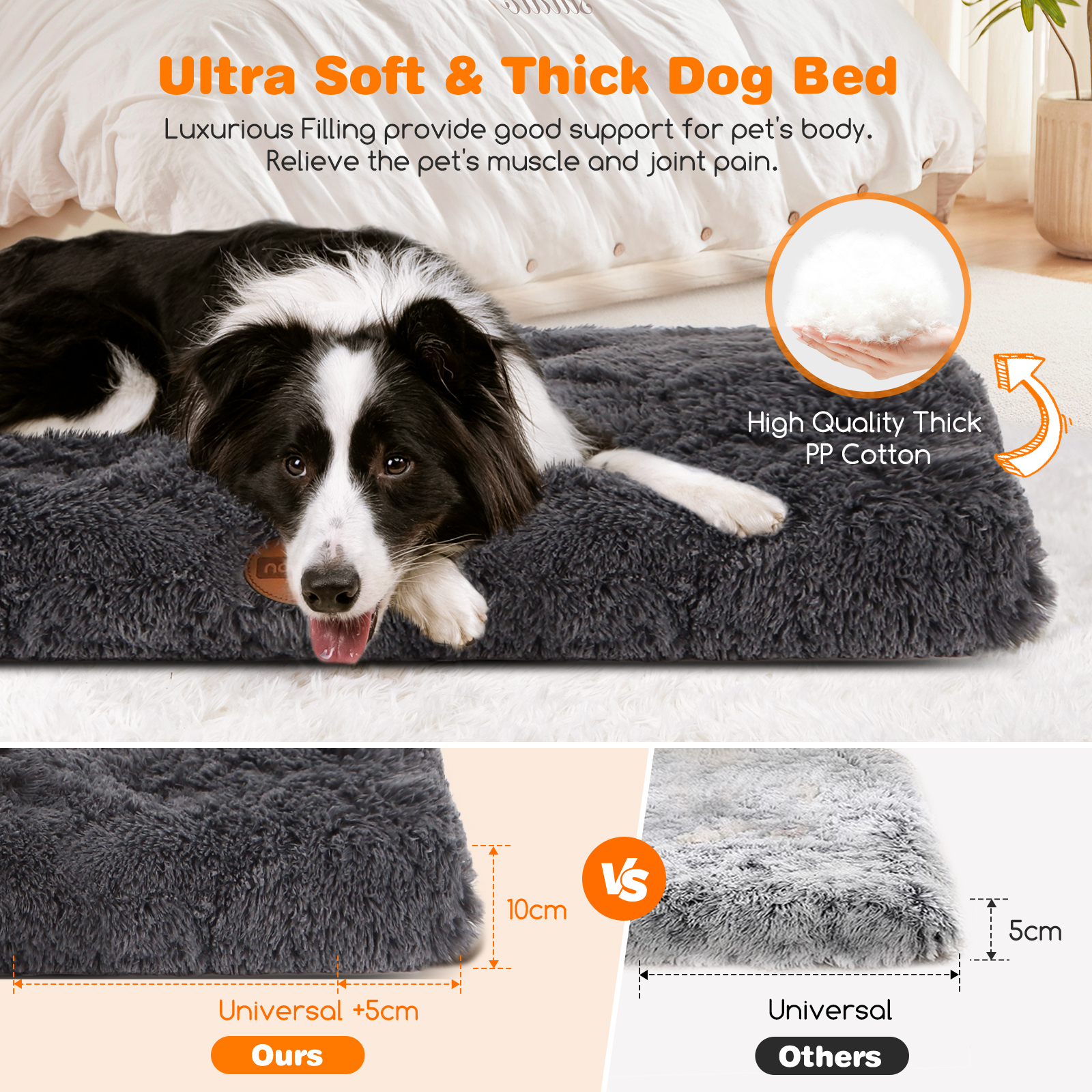 Un perro blanco y negro acostado en una cama gris para perros. La cama es esponjosa. Una comparación de las camas muestra que la 'nuestra' es más grande.
