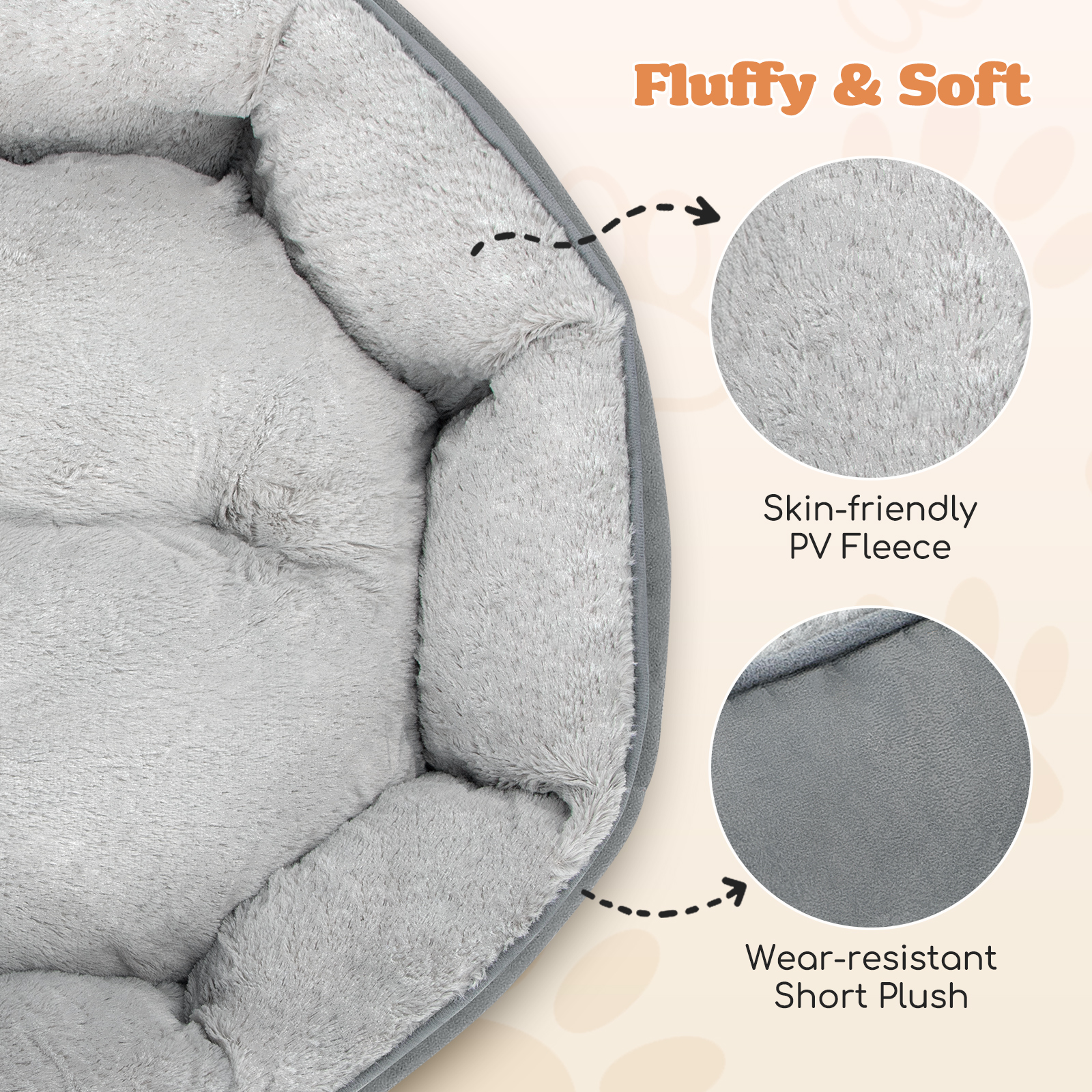 Cama para perro gris y esponjosa con detalles etiquetados: suave, forro polar agradable para la piel y felpa corta resistente.