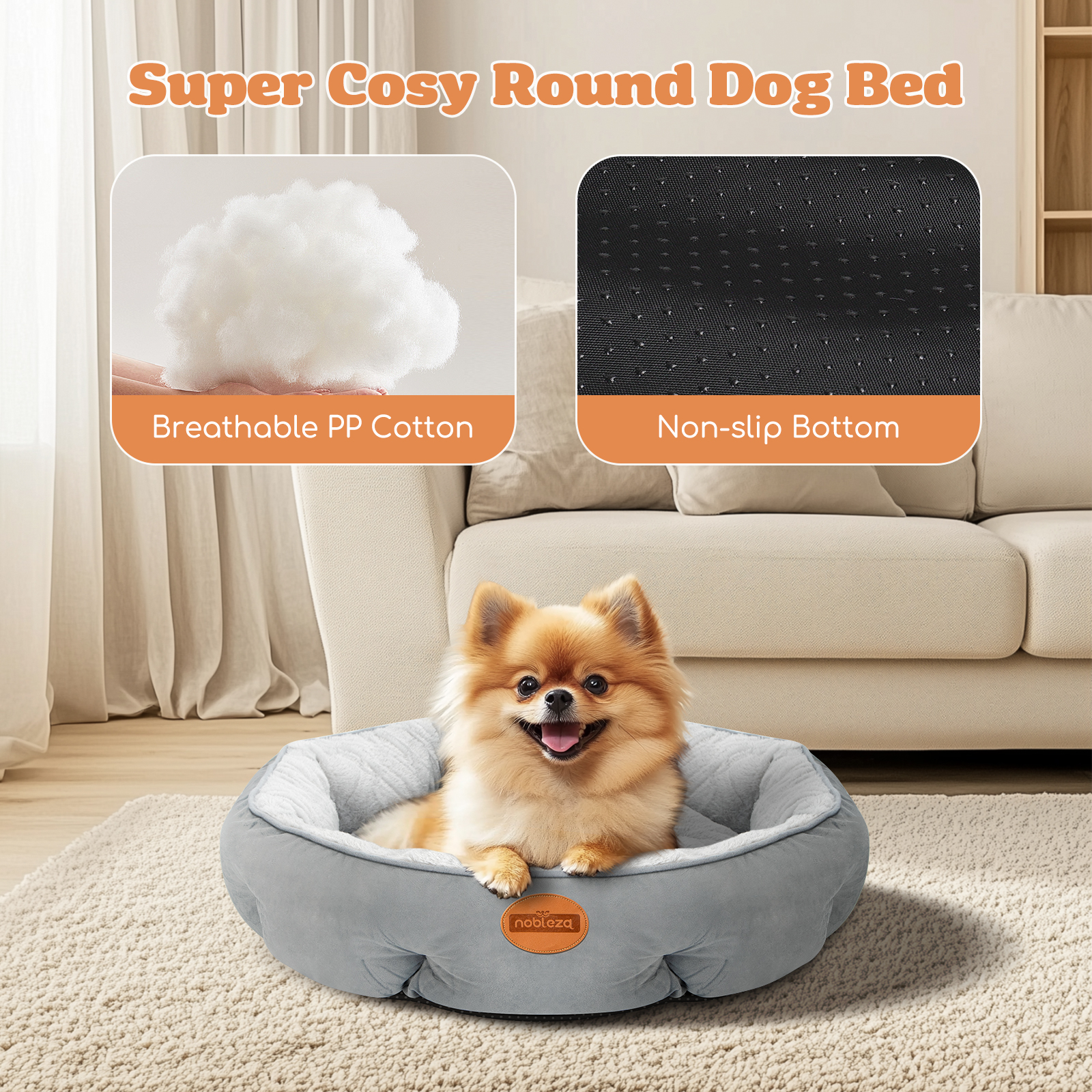 Un perro en una cama redonda gris con el texto 'Super Cosy Round Dog Bed'.