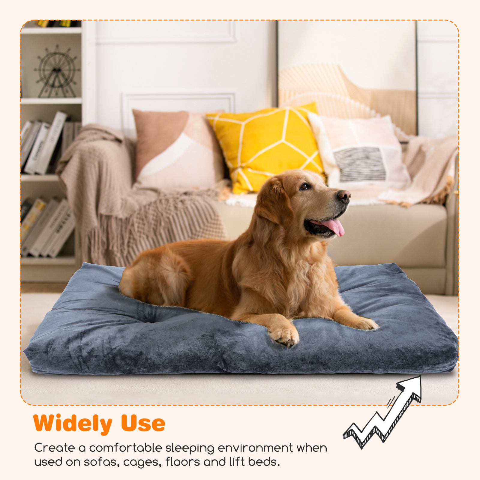 Perro acostado en una cama azul para perros, con un texto que lo describe como de uso amplio en sofás, jaulas, pisos y camas elevadoras.