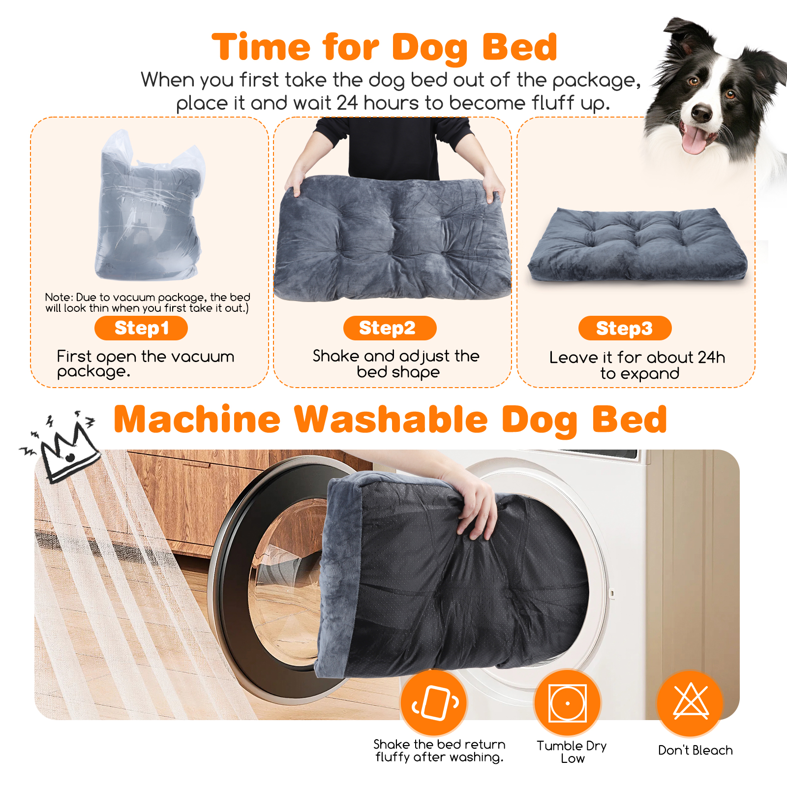 Instrucciones para preparar una cama para perros lavable a máquina: desempaquetar, dar forma y esperar 24 horas para expandir.