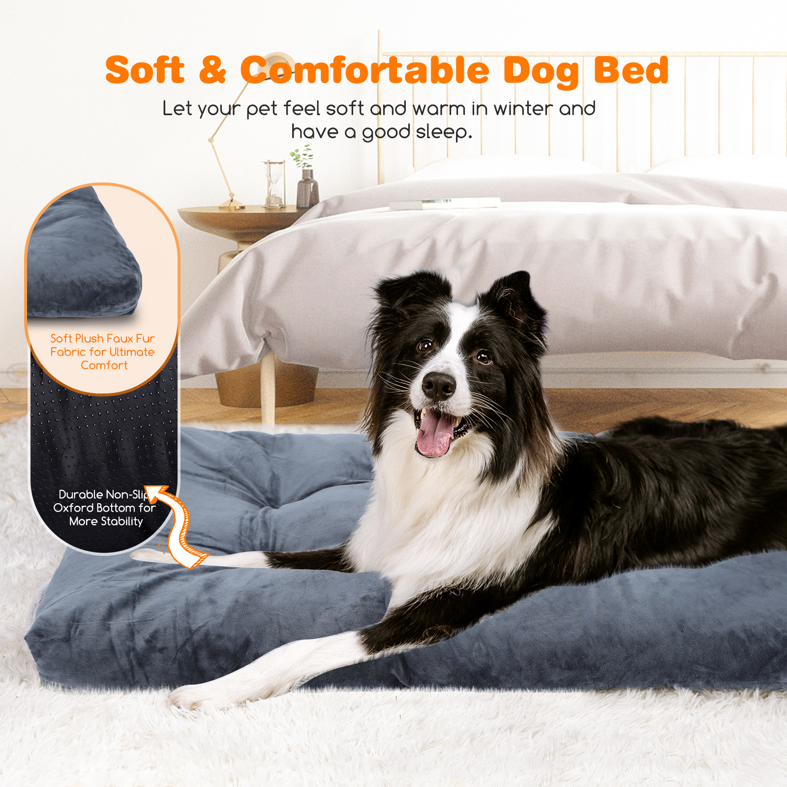 Perro en cama gris. La cama tiene una parte superior de piel sintética suave. Texto menciona cama para perros suave y cómoda.