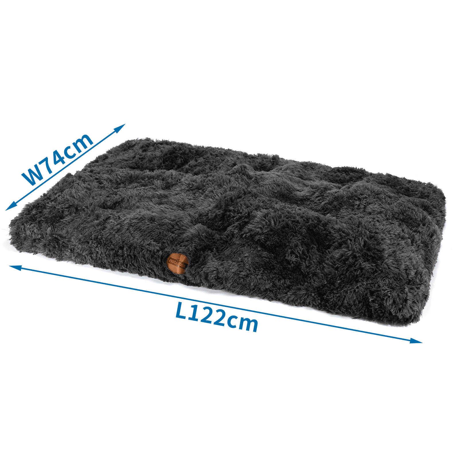 Una cama rectangular y esponjosa para perros, gris oscuro, de W74cm x L122cm. Tiene una etiqueta de marca.