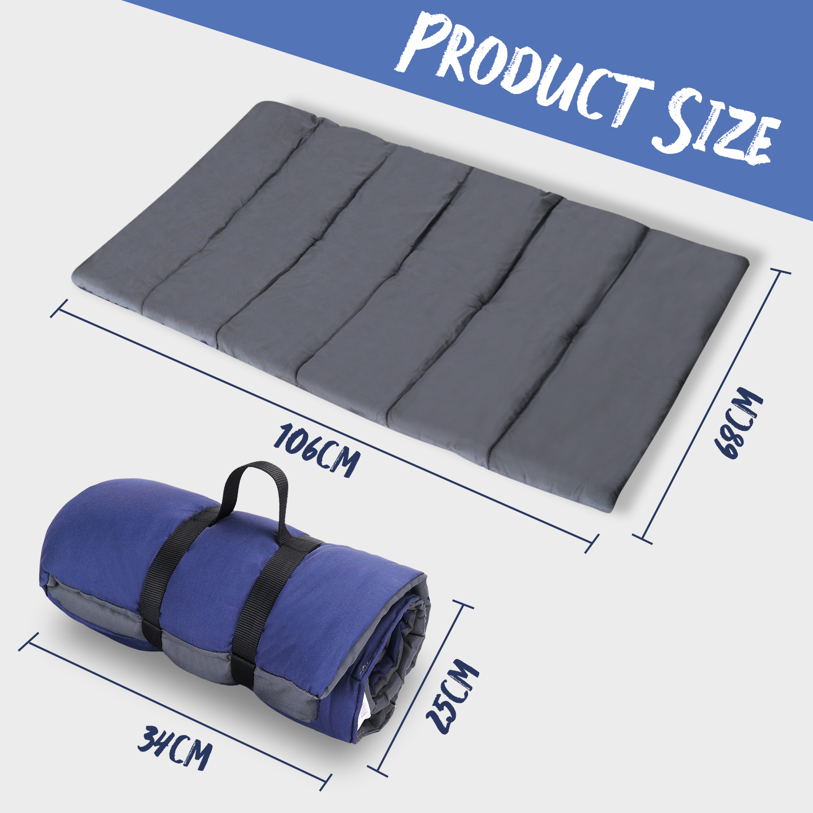 Una manta gris y un saco de dormir enrollado azul y gris, con dimensiones.