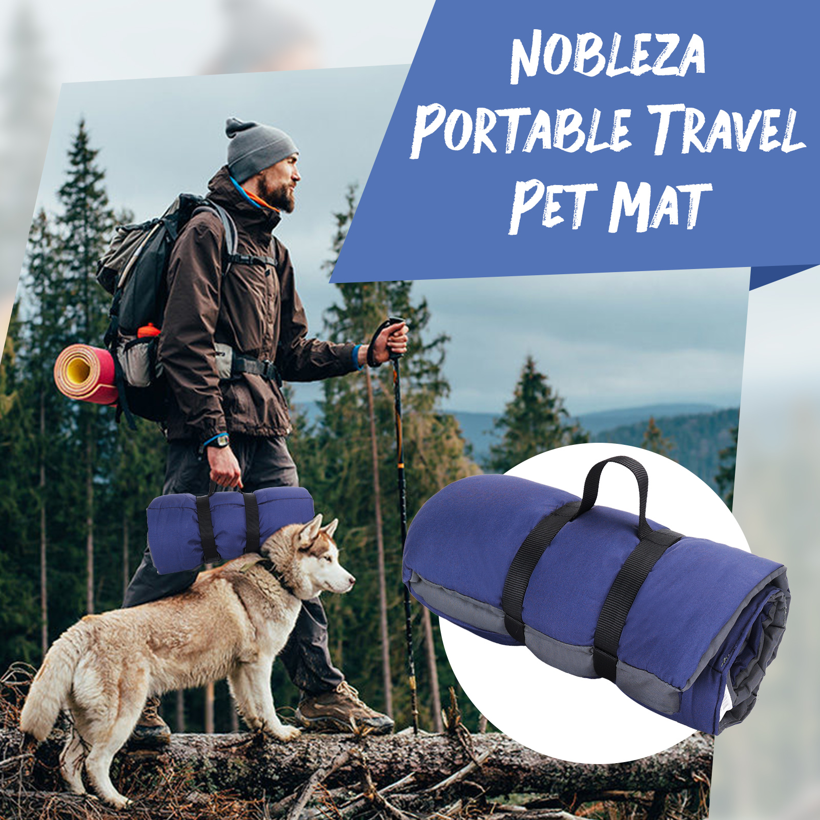 Un hombre caminando con un perro en un bosque. Una esterilla enrollada azul para mascotas en la espalda del perro.