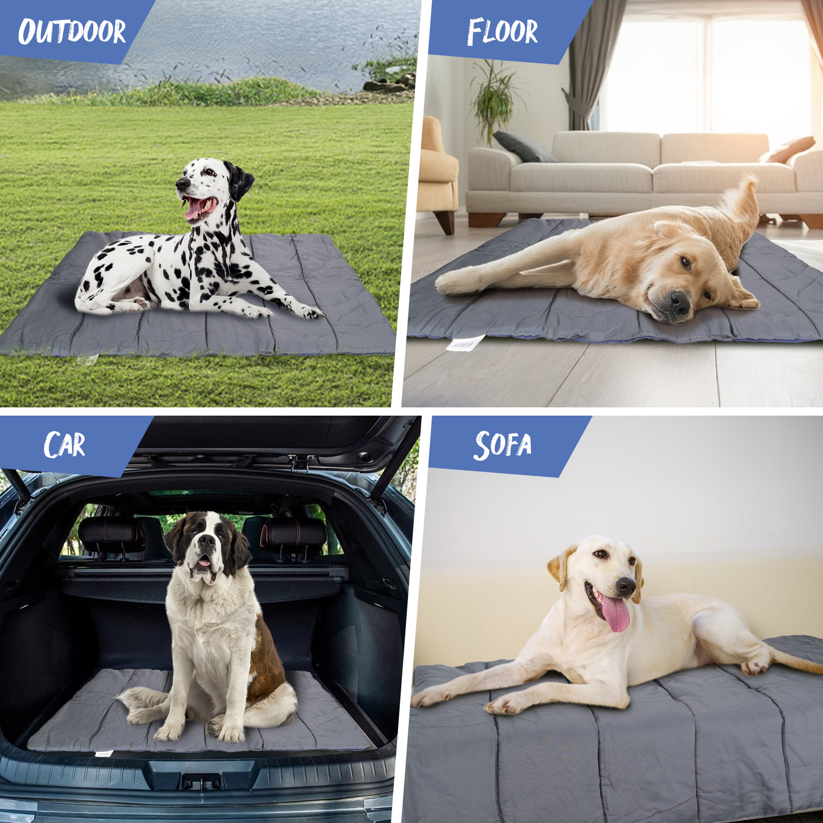 Cuatro imágenes que muestran una cama para perros en diferentes entornos: exterior, suelo, coche y sofá.