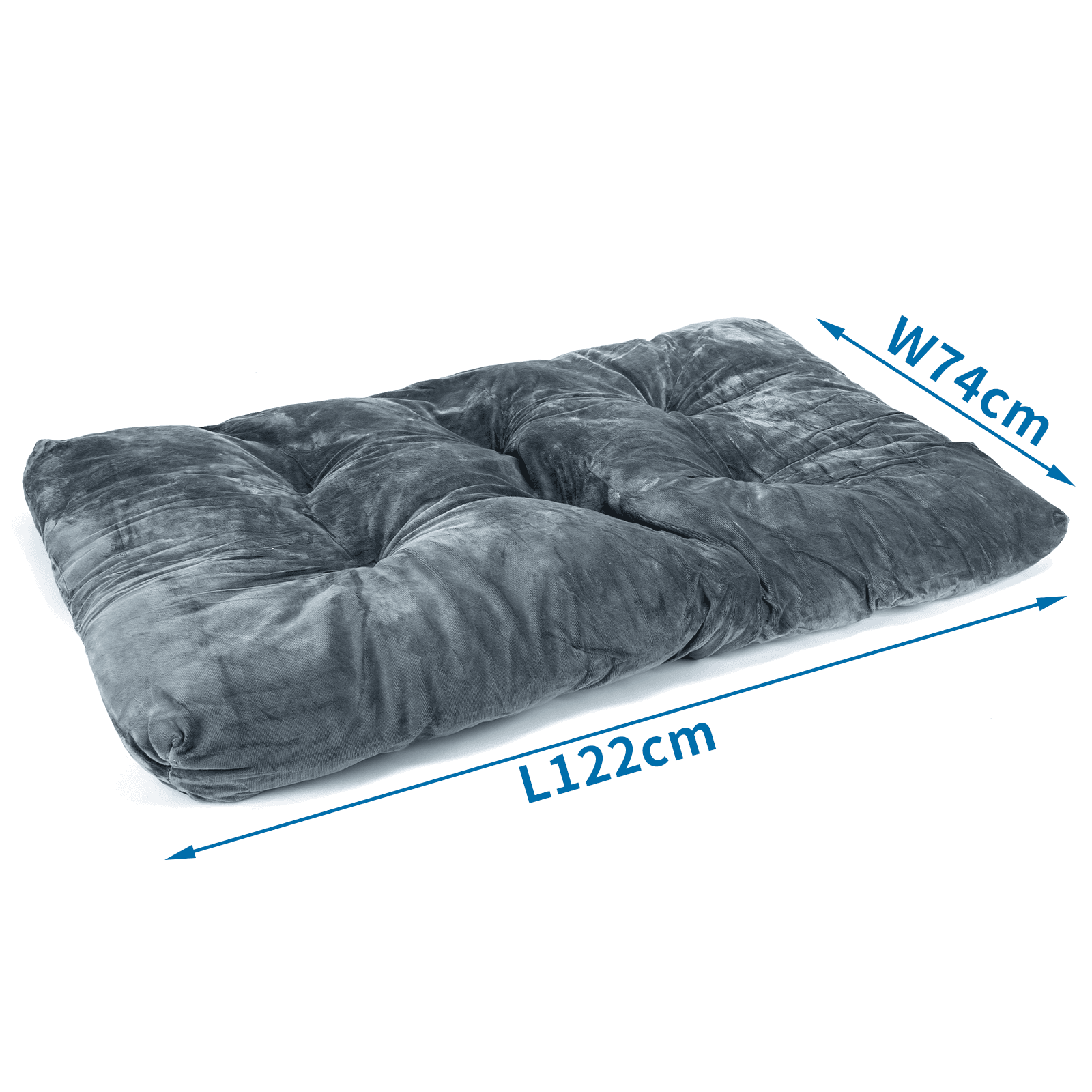 Cama para mascotas de felpa gris con dimensiones: 122 cm de largo y 74 cm de ancho, sobre blanco.