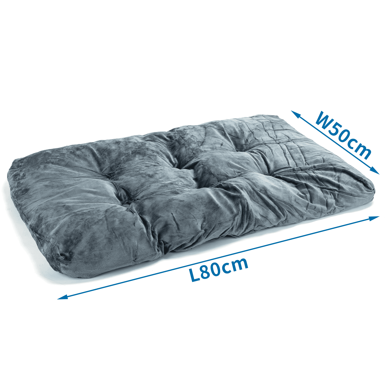 Cojín rectangular gris para mascotas con superficie acolchada, etiquetado L80cm y W50cm.