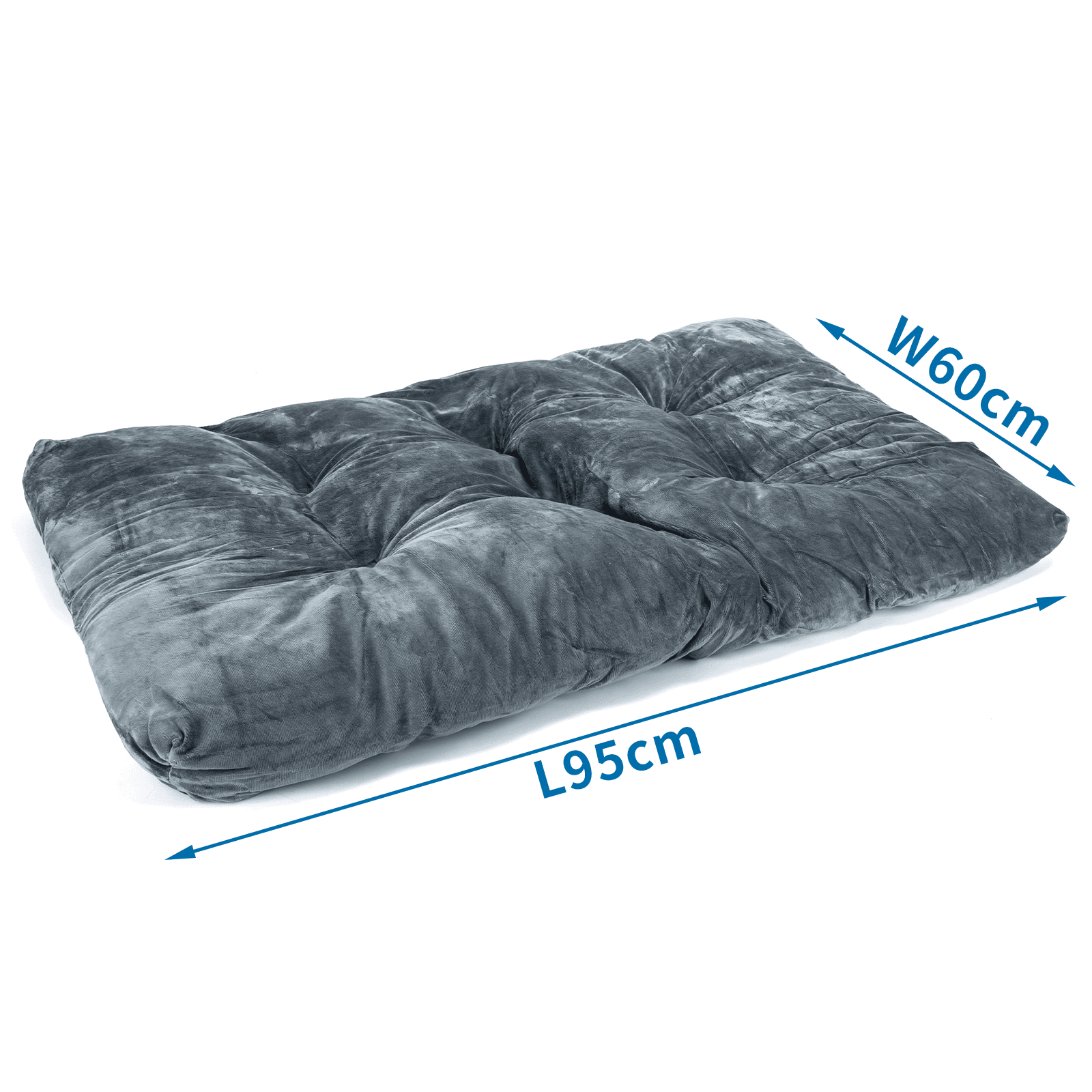 Cama para mascotas rectangular gris con cuadrados con mechones, dimensiones W60cm y L95cm.