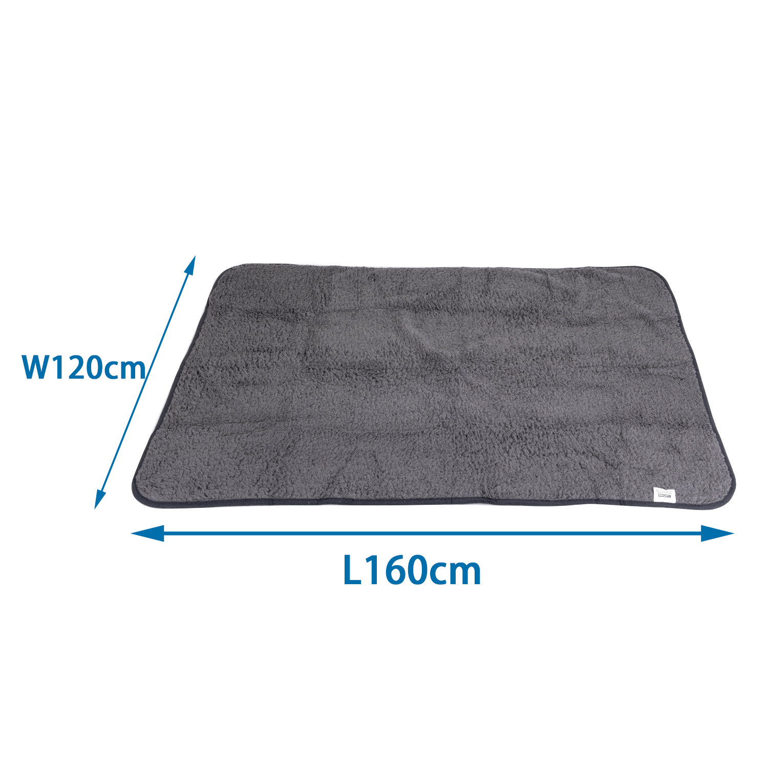 Cama rectangular gris para mascotas con dimensiones: A120cm, L160cm. Los bordes son de color gris oscuro.