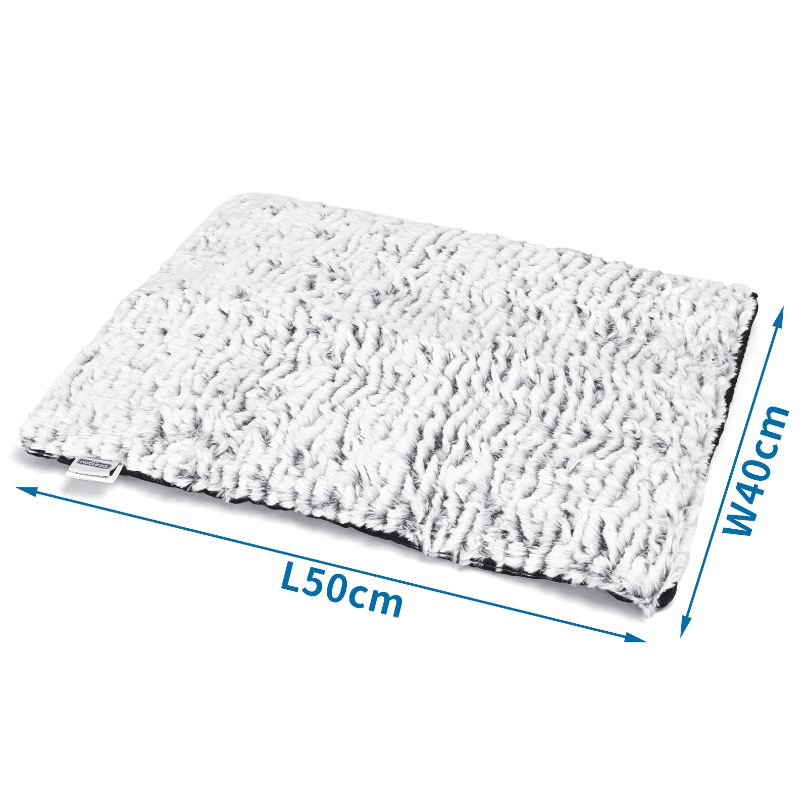 Cama para perros blanca y gris con dimensiones. Muestra una cama rectangular para mascotas con una superficie esponjosa.