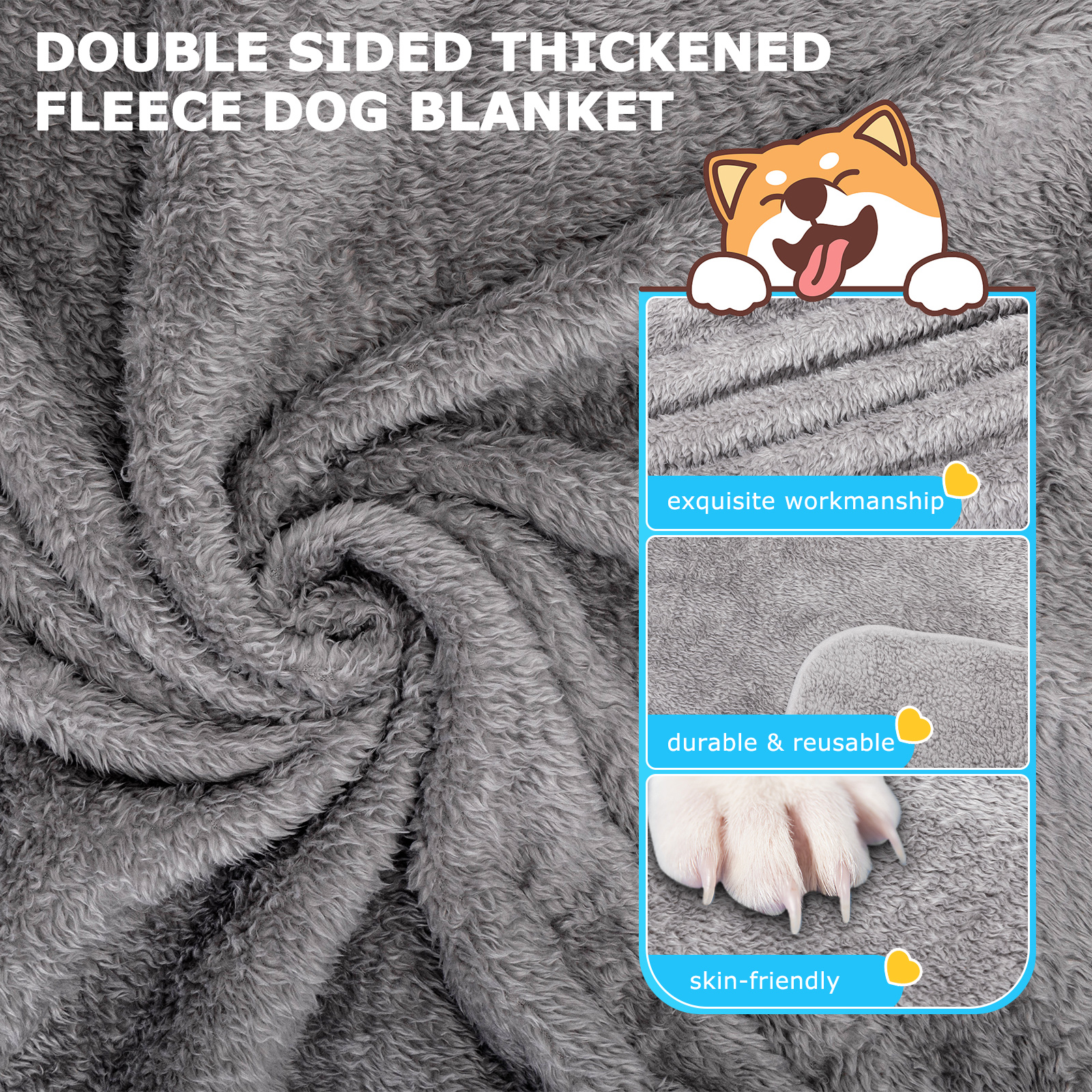 Una manta para perros de forro polar gris de doble cara. Los primeros planos muestran la textura del material y las huellas de las patas.