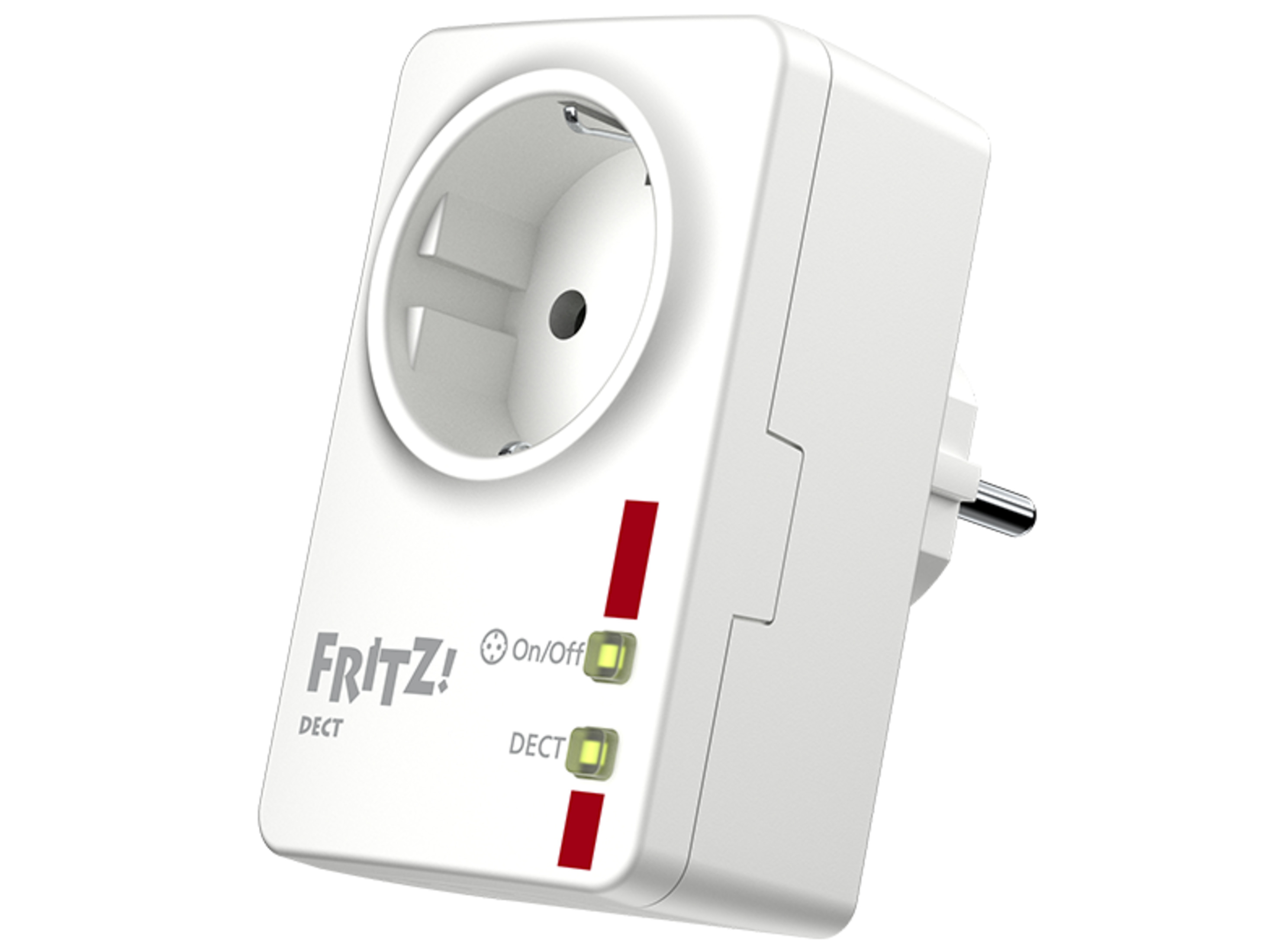 Weißer FRITZ! DECT-Netzadapter mit Stecker und zwei grünen/roten Lichtern.