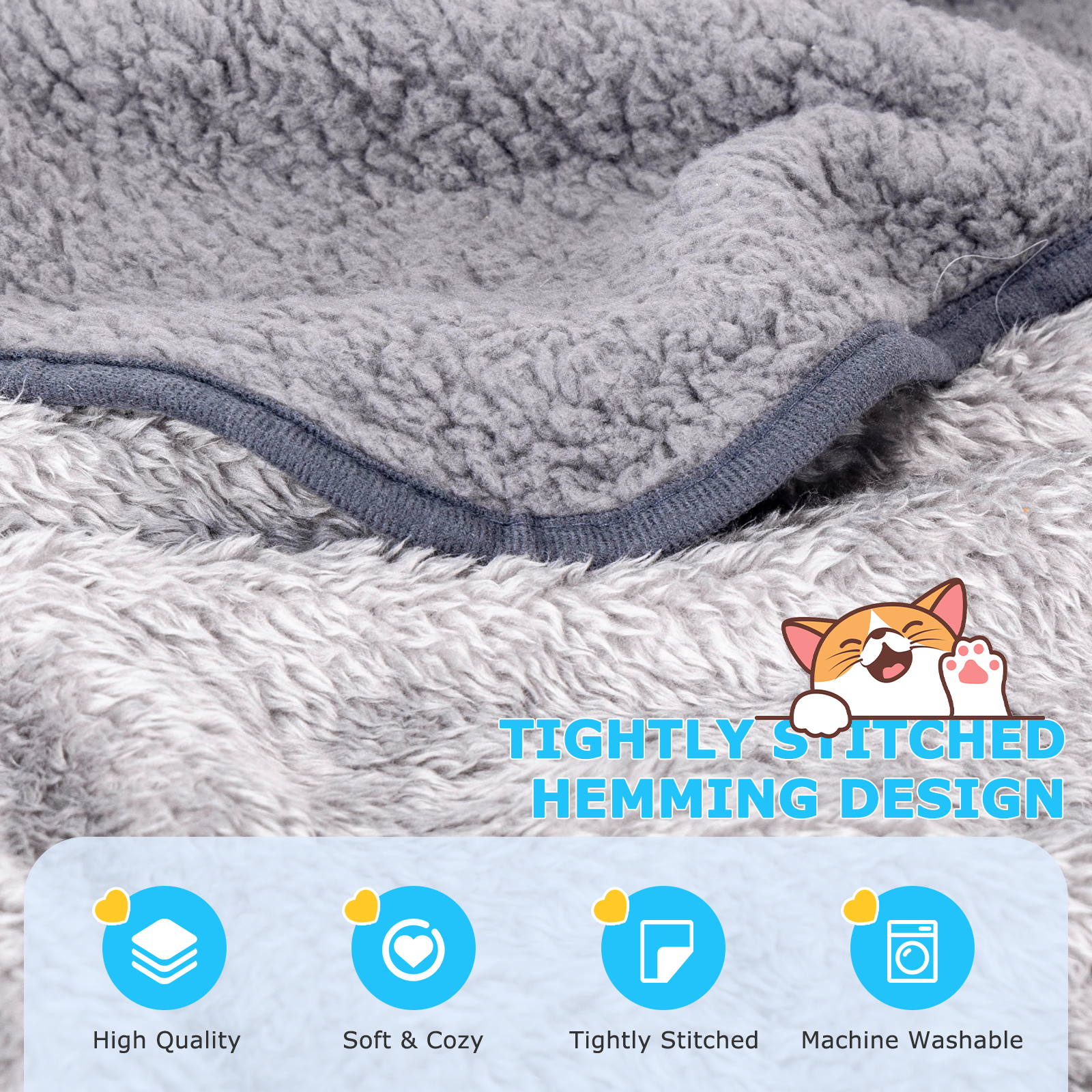Primer plano de una cama gris y esponjosa para mascotas con bordes cosidos. Tiene un diseño suave y de alta calidad.