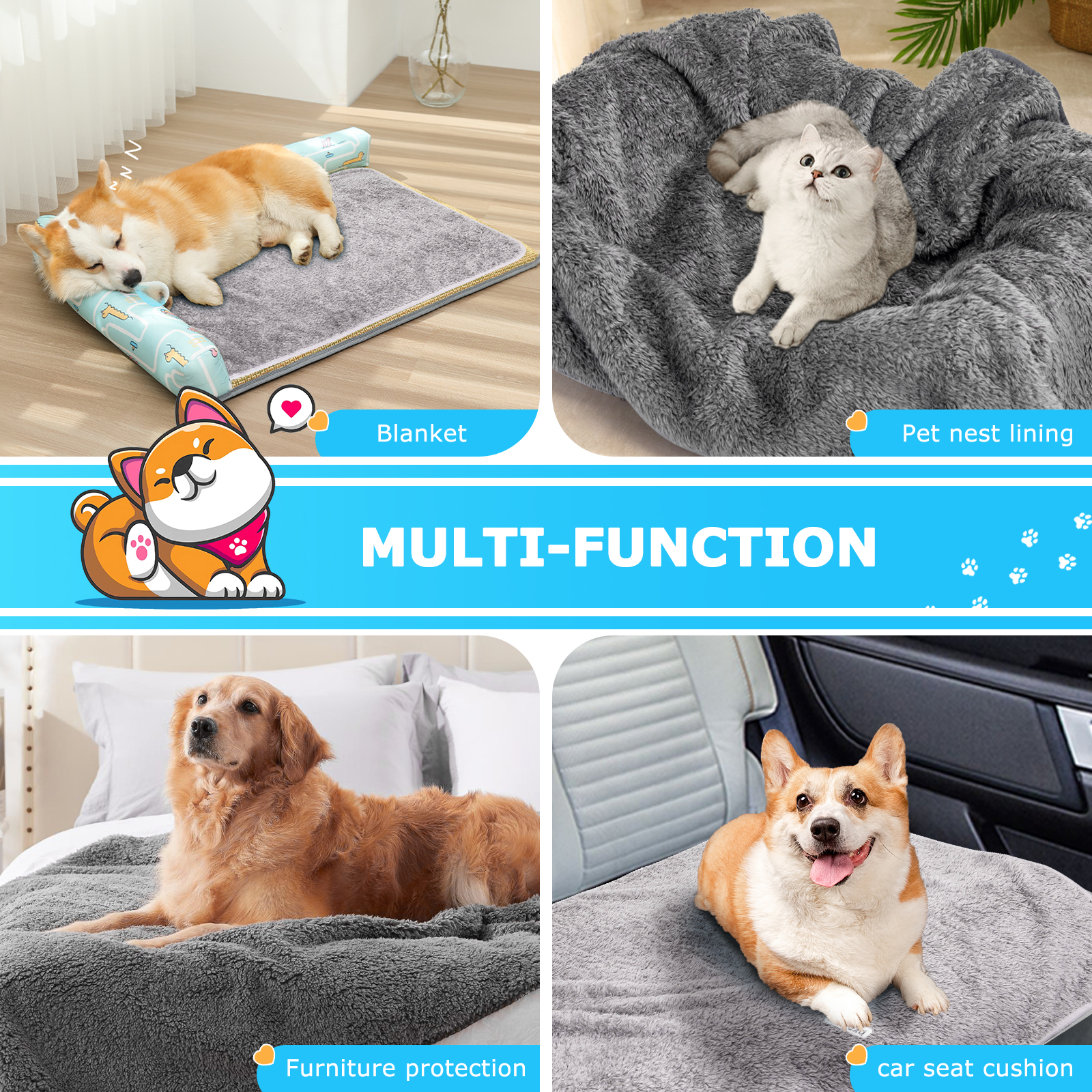Un collage de camas, mantas y fundas para asientos de coche para mascotas, que muestra multifuncionalidad.