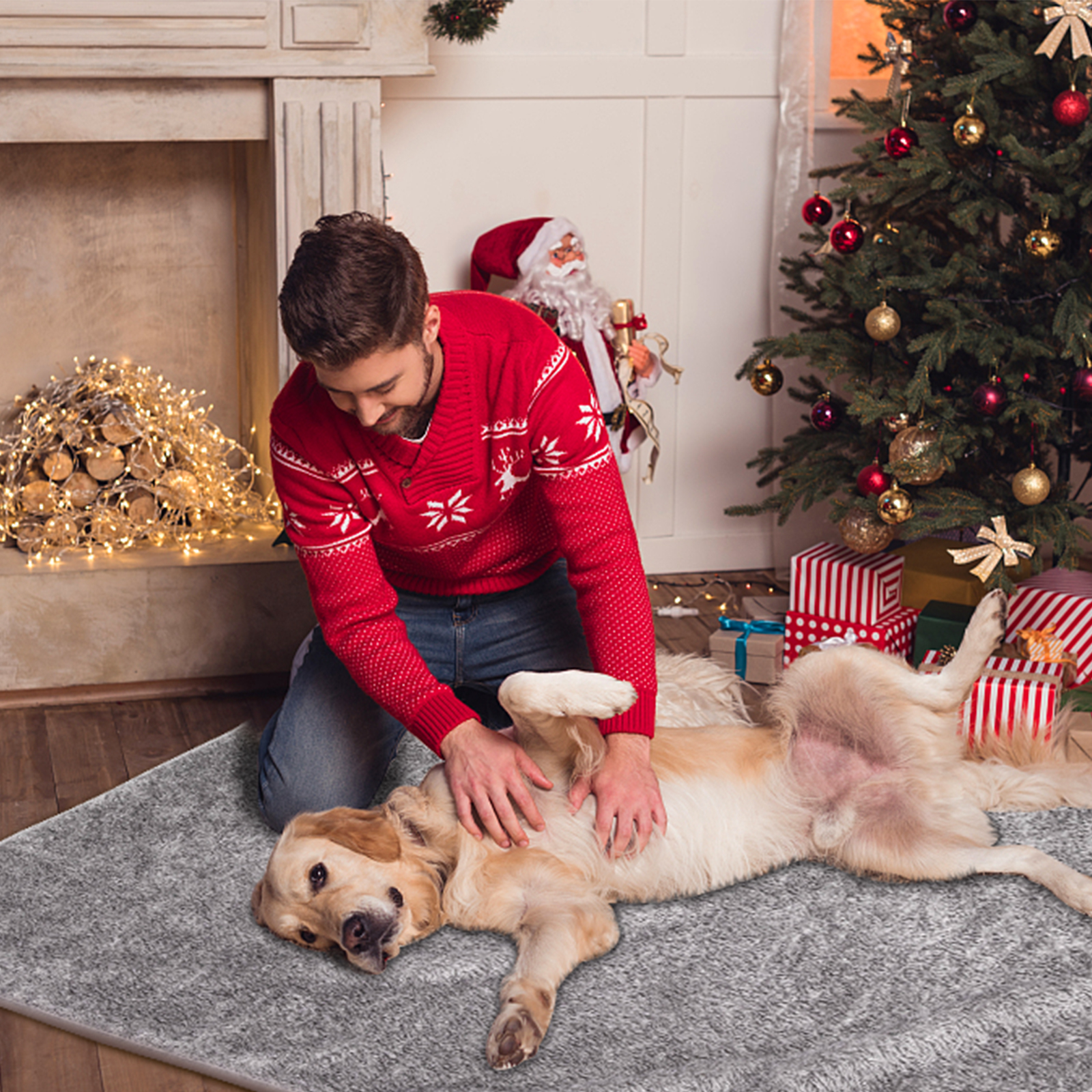 Un hombre acaricia a un perro sobre una alfombra cerca de una chimenea y un árbol de Navidad.