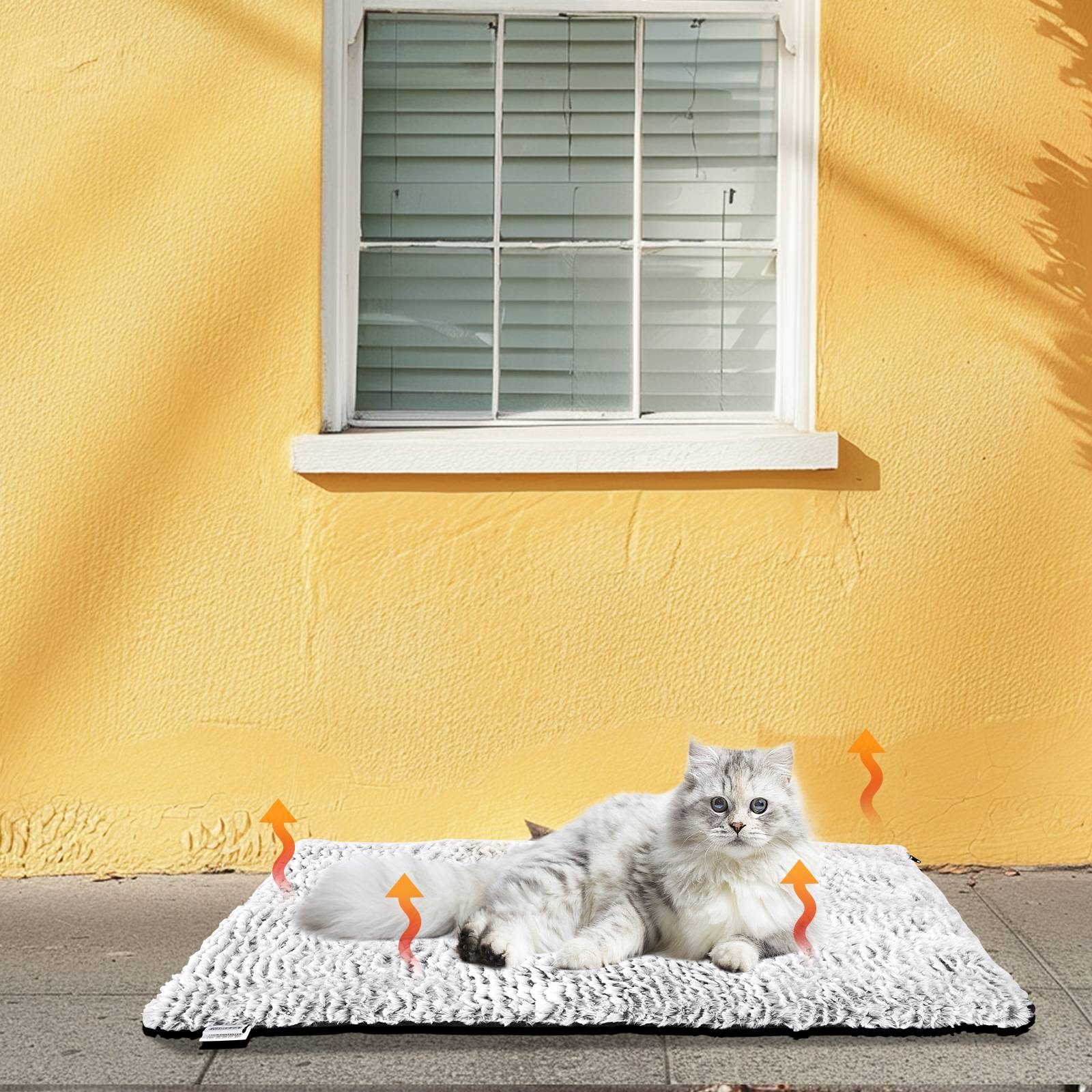 Un gato acostado en una estera con calefacción frente a una pared amarilla, con flechas de calor.