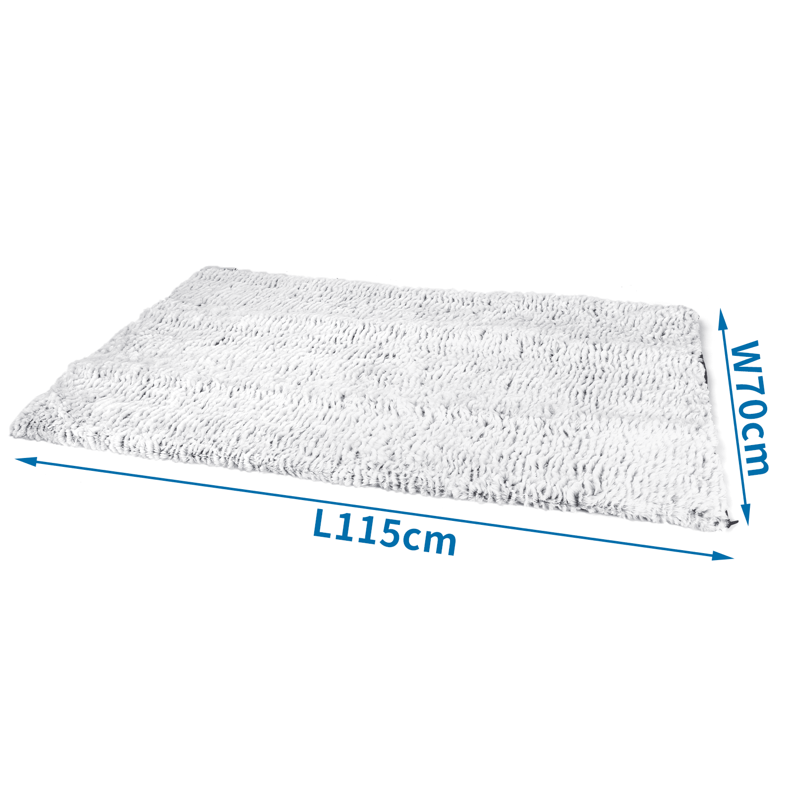 Alfombra blanca para mascotas con dimensiones, sobre una superficie.