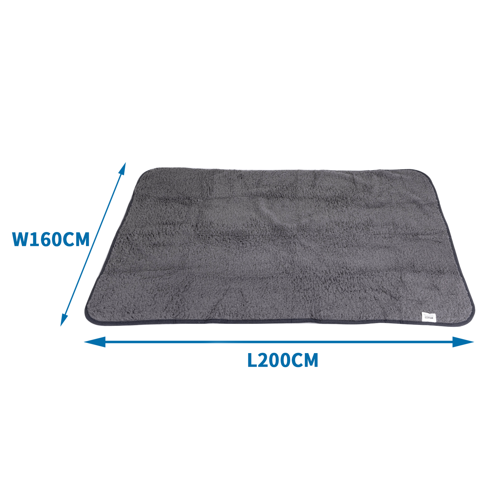 Una manta rectangular gris. Se muestran las dimensiones.