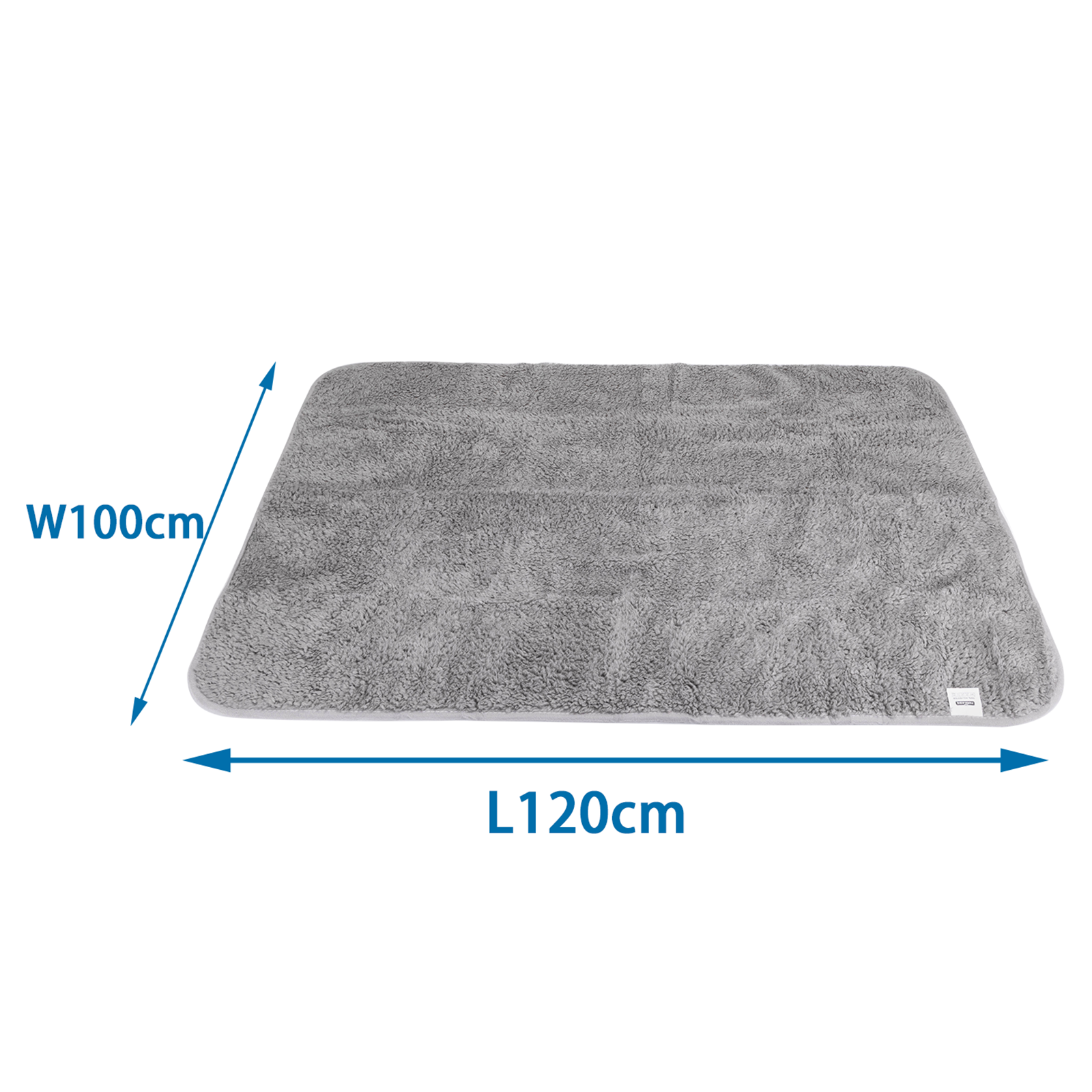 Una alfombra gris para mascotas. Las medidas son 120 cm de largo y 100 cm de ancho.