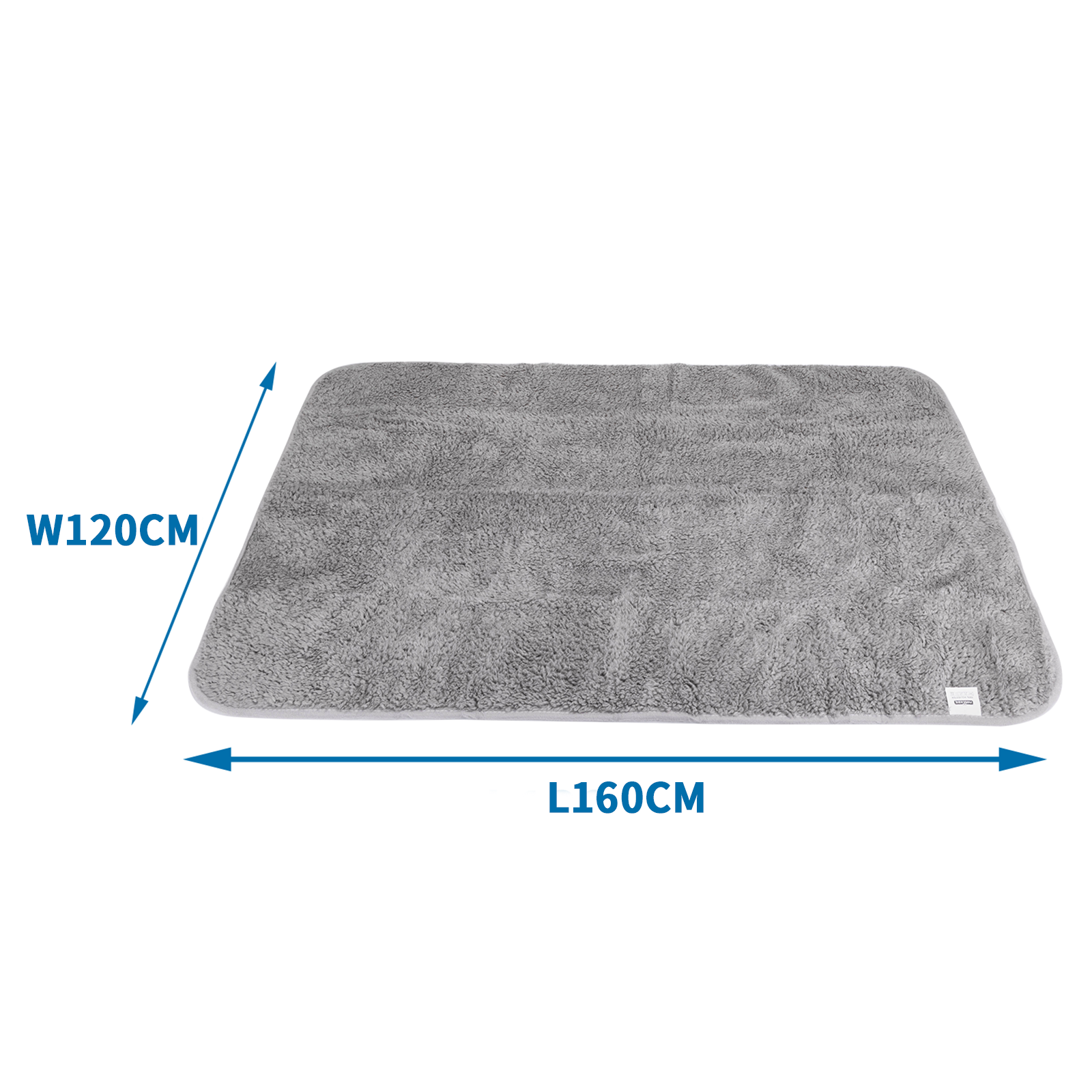 Cama gris para mascotas, rectangular, medidas en centímetros.