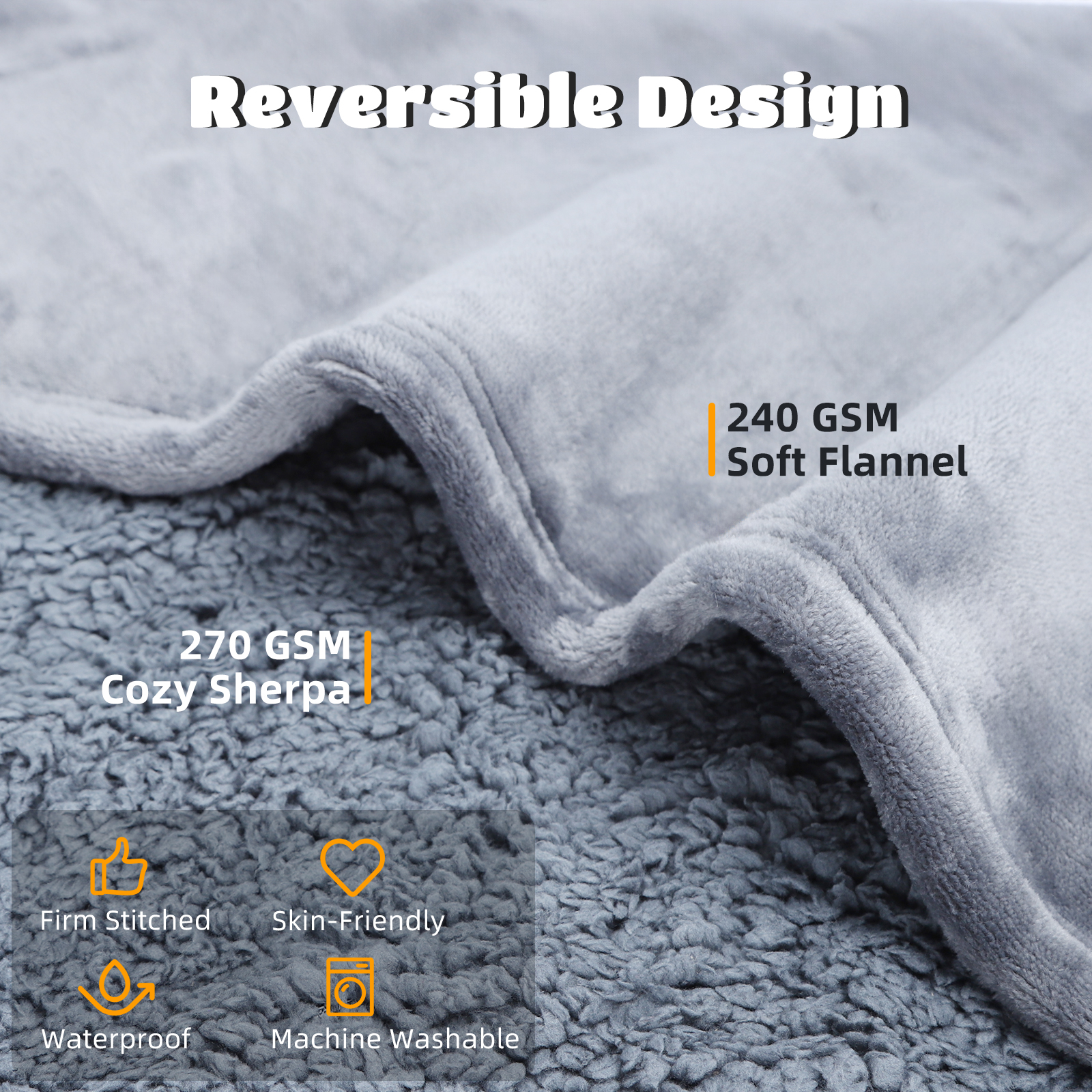 Primer plano de una manta gris reversible con dos texturas, franela suave y sherpa acogedor.
