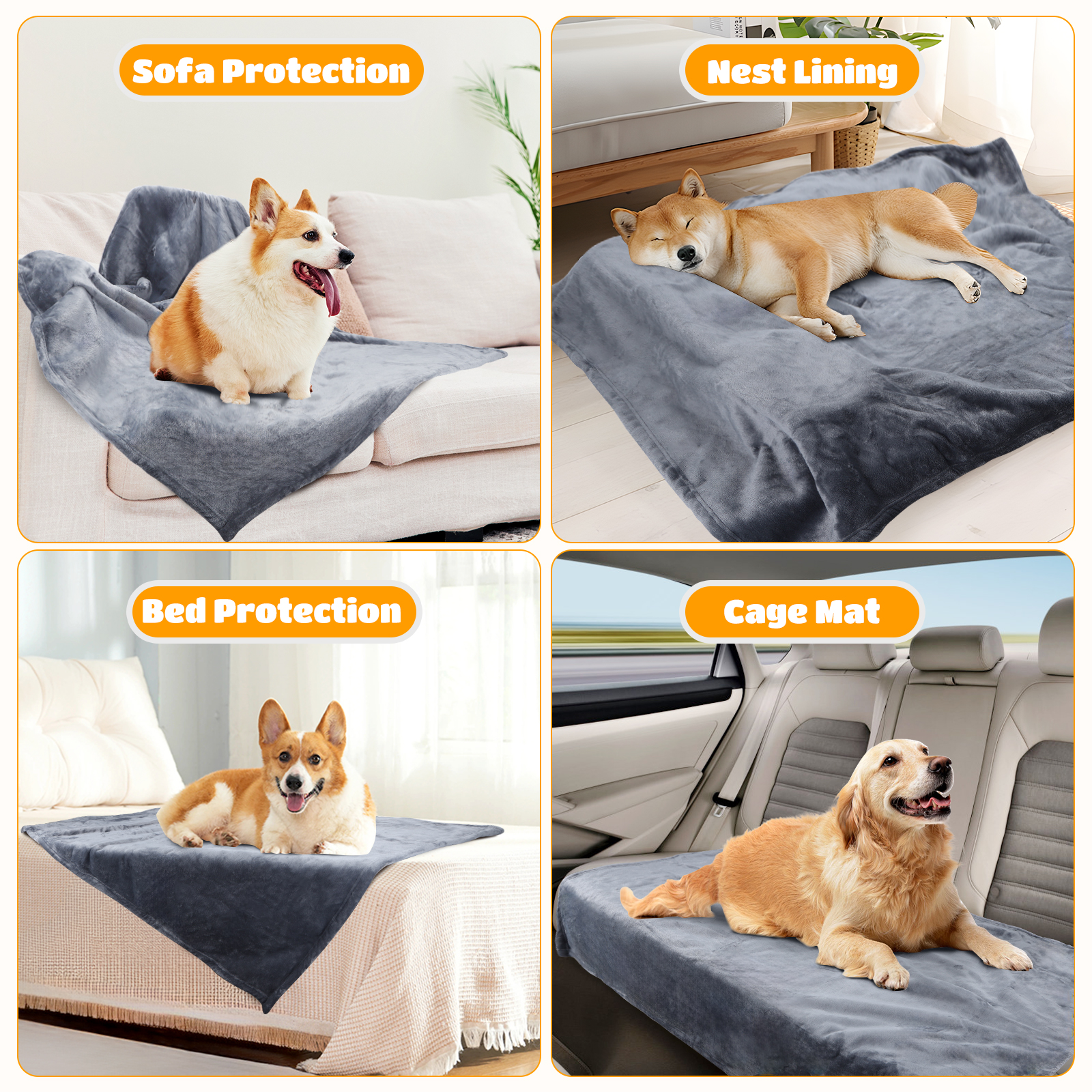 Collage de perros en mantas grises: protección de sofá, forro de nido, protección de cama y alfombra de jaula. Razas de perros.