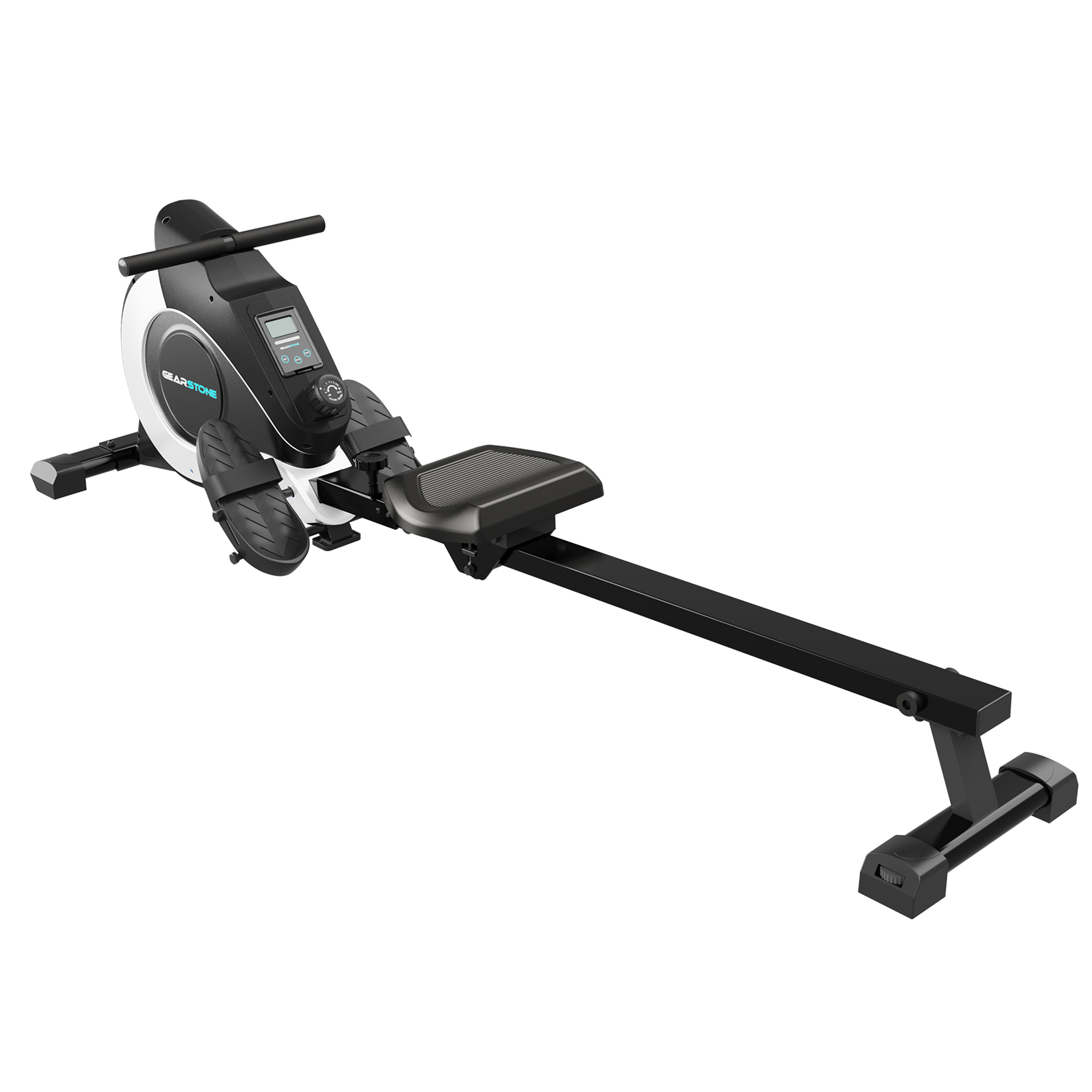 Wioślarz. Czarno-biała kolorystyka. Widoczne podpórki pod stopy, siedzisko, wyświetlacz i uchwyty.