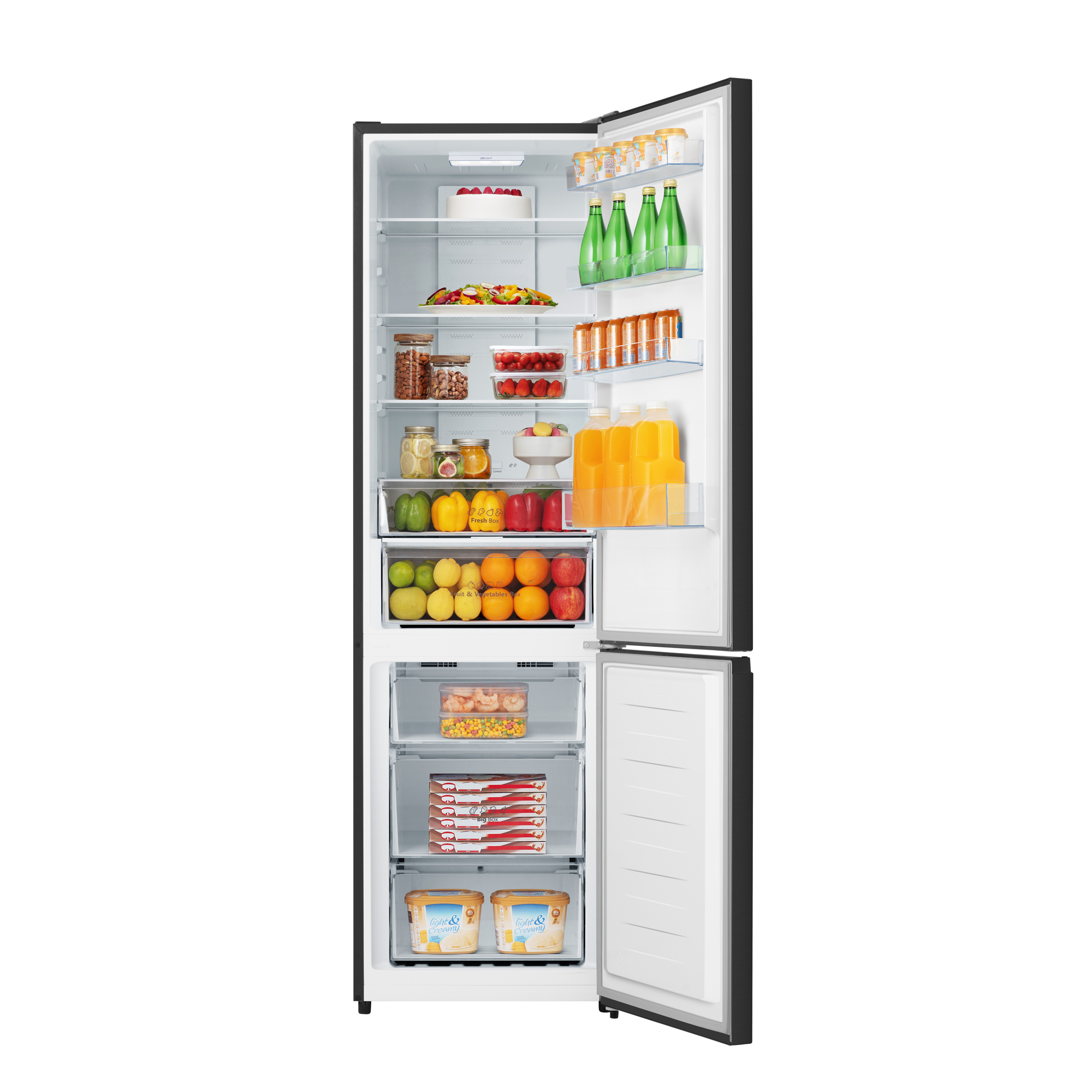 Ein offener Kühlschrank gefüllt mit Lebensmitteln wie Obst, Getränken und Tiefkühlkost.