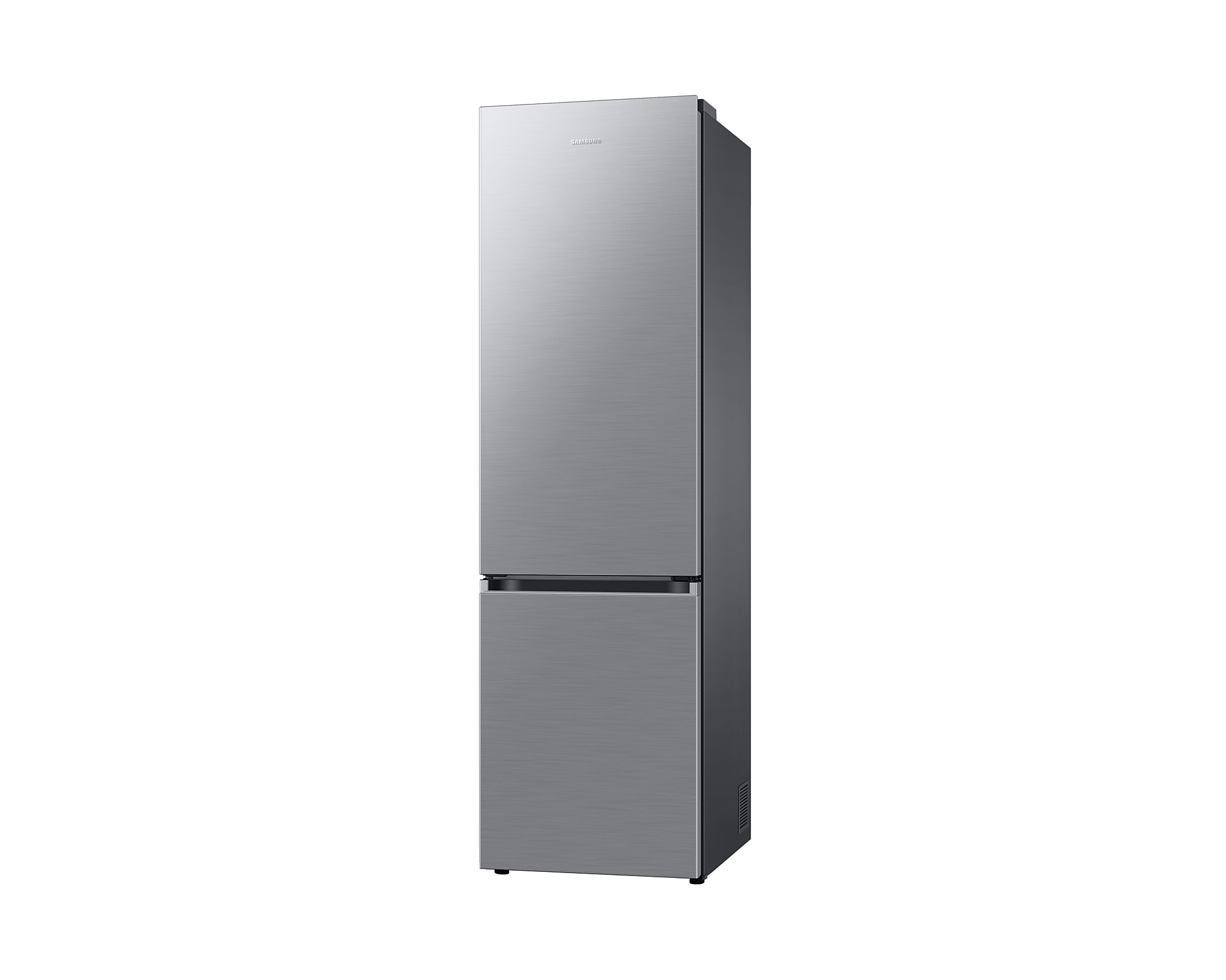 Silberfarbener Kühlschrank, zweitüriges Design, mit Edelstahl-Finish.
