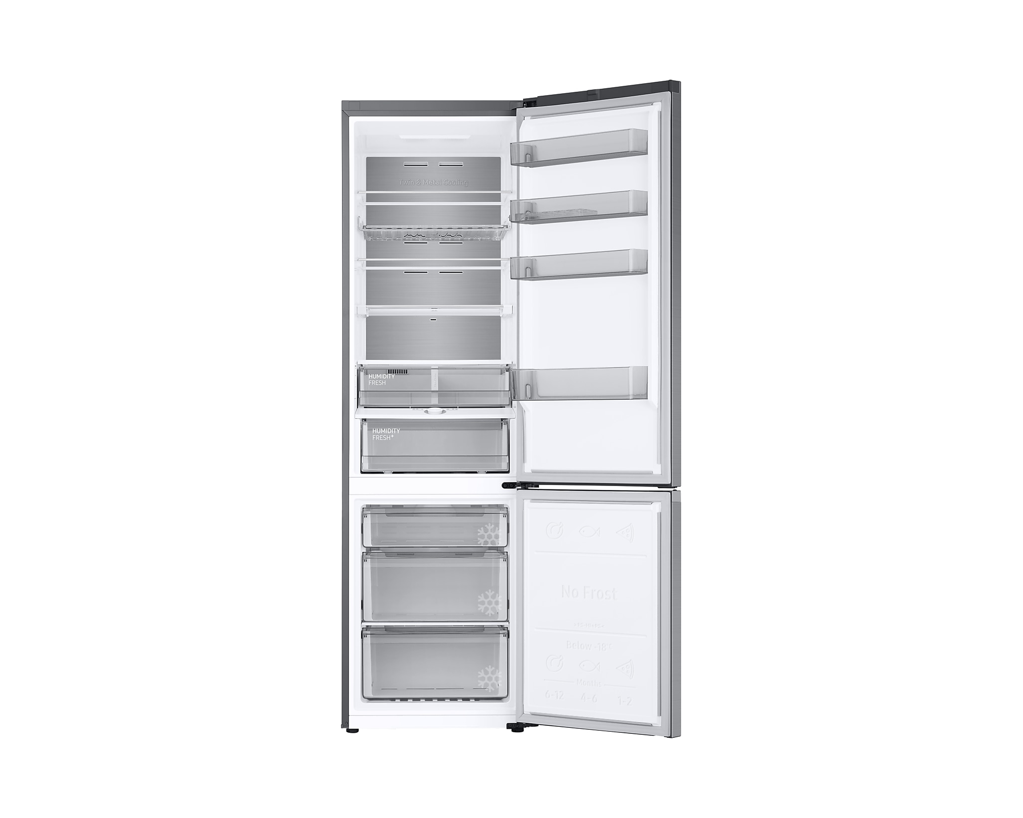 Ein offener Kühlschrank mit Regalen, Schubladen und Fächern, die mit Lebensmitteln gefüllt sind.