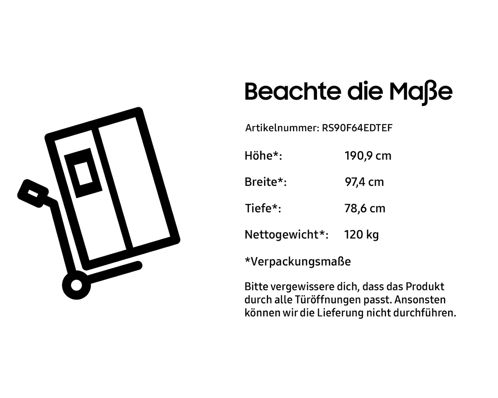 Black and white graphic with measurements: height 190.9cm, width 97.4cm, depth 78.6cm, net weight 120kg.