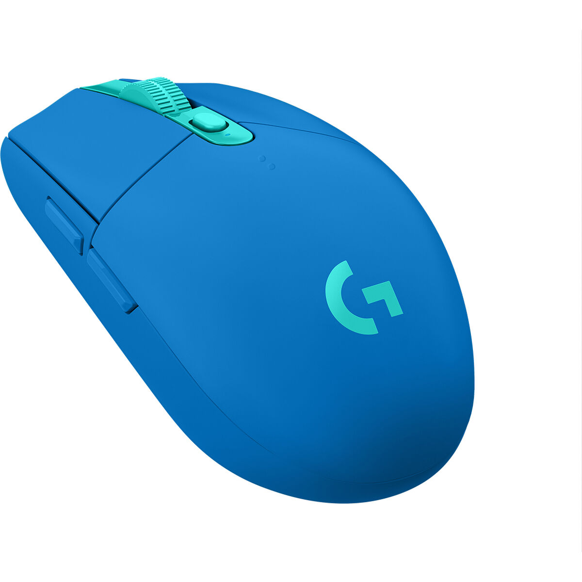 Eine blaue, kabellose Computermaus mit grünem Scrollrad und Logo.