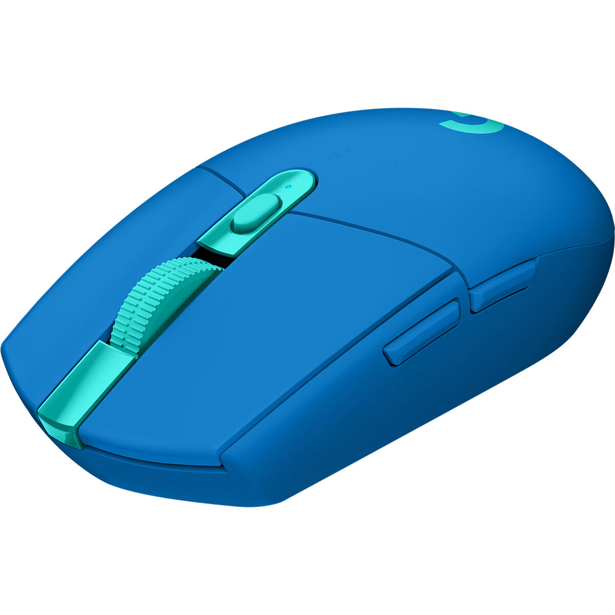 Blaue drahtlose Maus mit hellblauem Scrollrad und Tasten. Das Logo befindet sich oben.