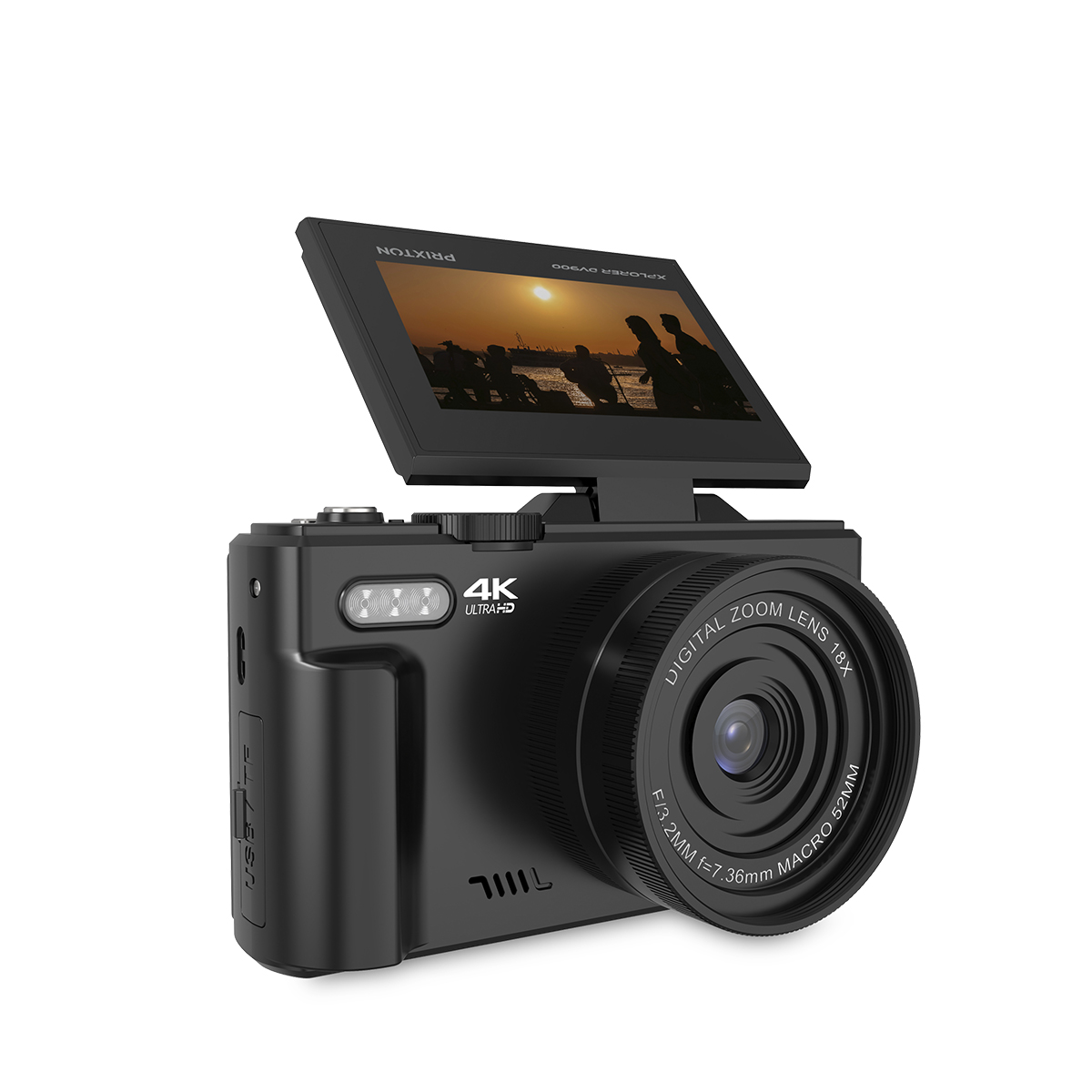 Czarny aparat z rozkładanym ekranem pokazującym zachód słońca. Białe tło.