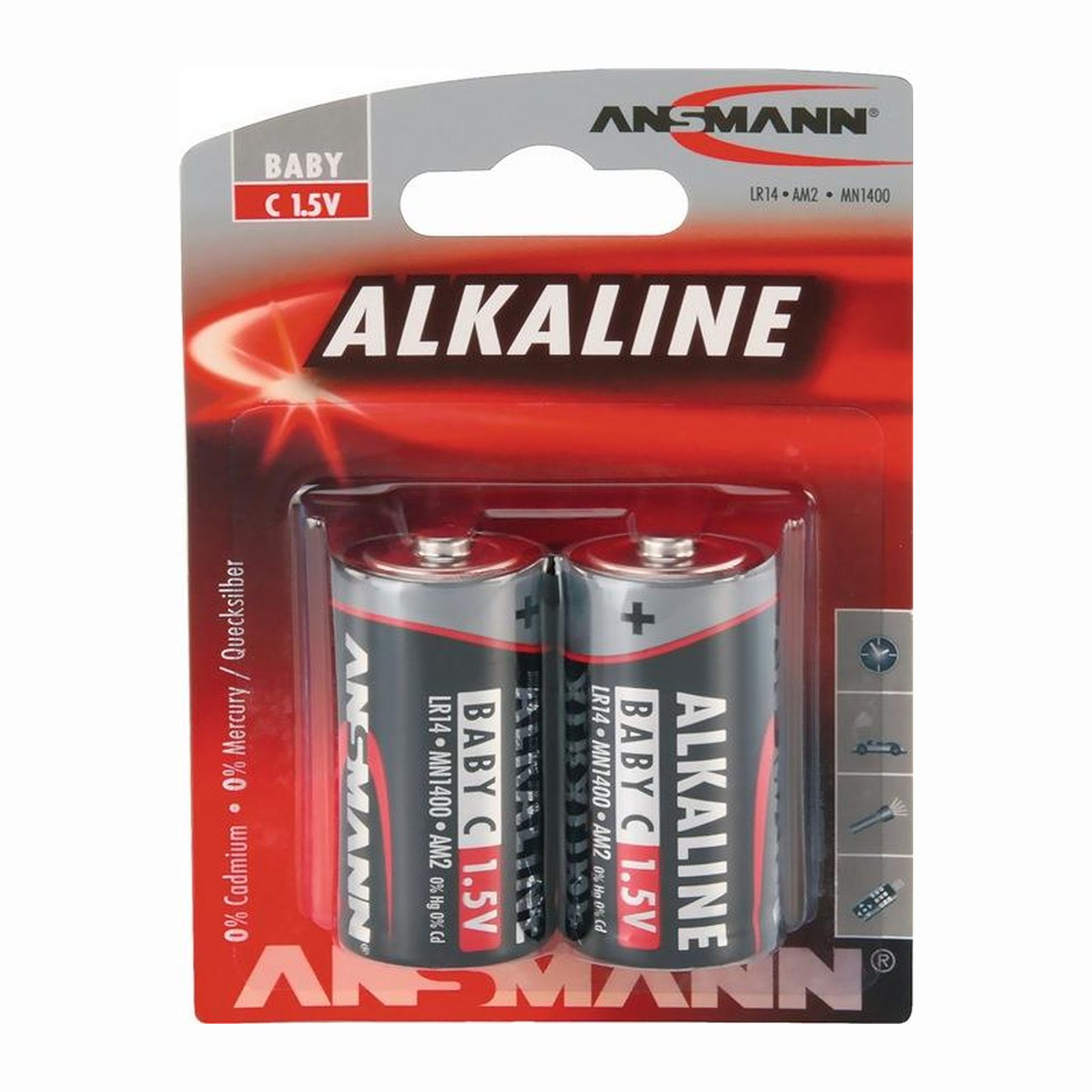 Eine Batteriepackung mit zwei C 1,5V-Alkalibatterien. Die Marke ist Ansmann. Die Verpackung ist rot, silber und grau.