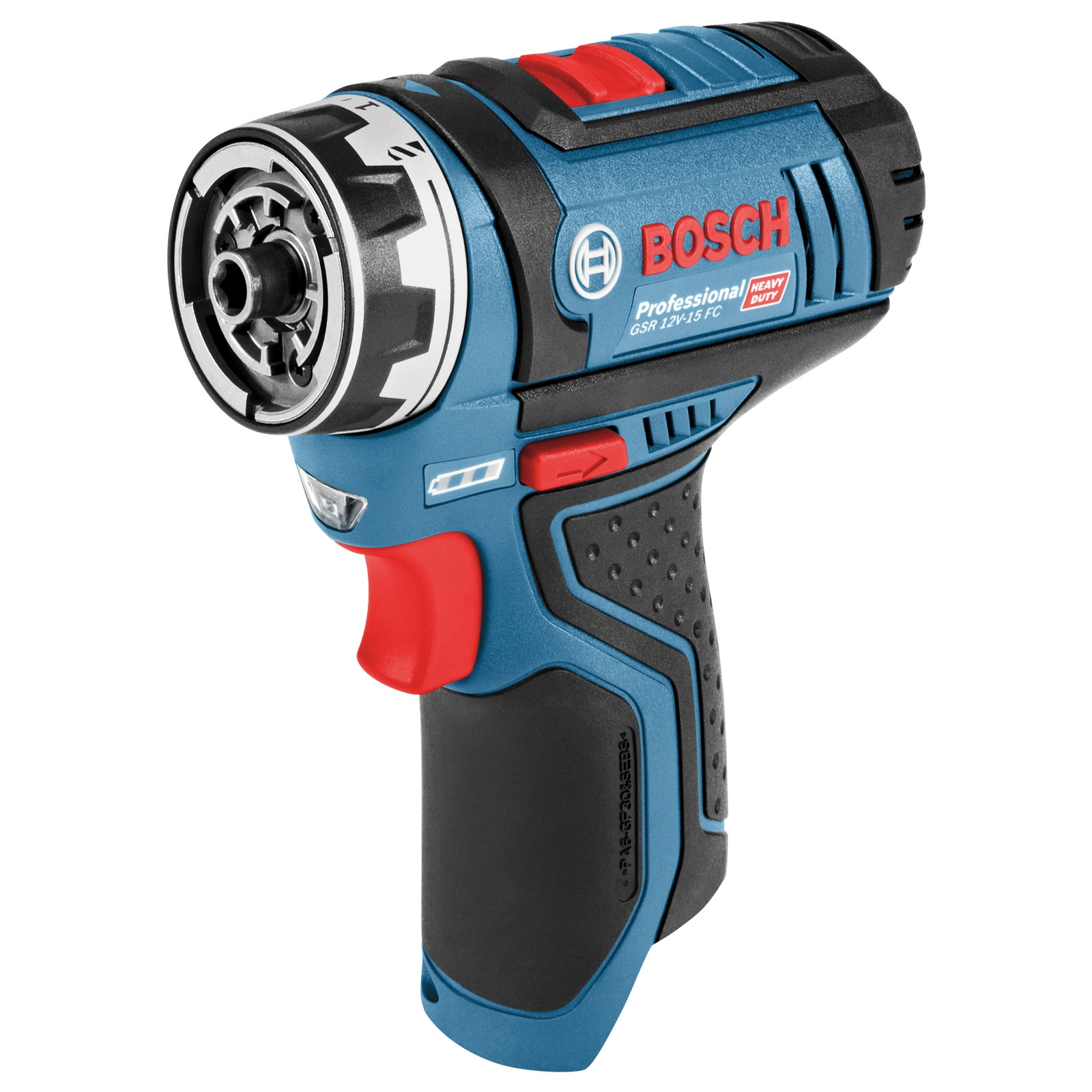 Niebiesko-czarna bezprzewodowa wiertarka Bosch z czerwonymi przyciskami, do ciężkich zastosowań, na białym tle.