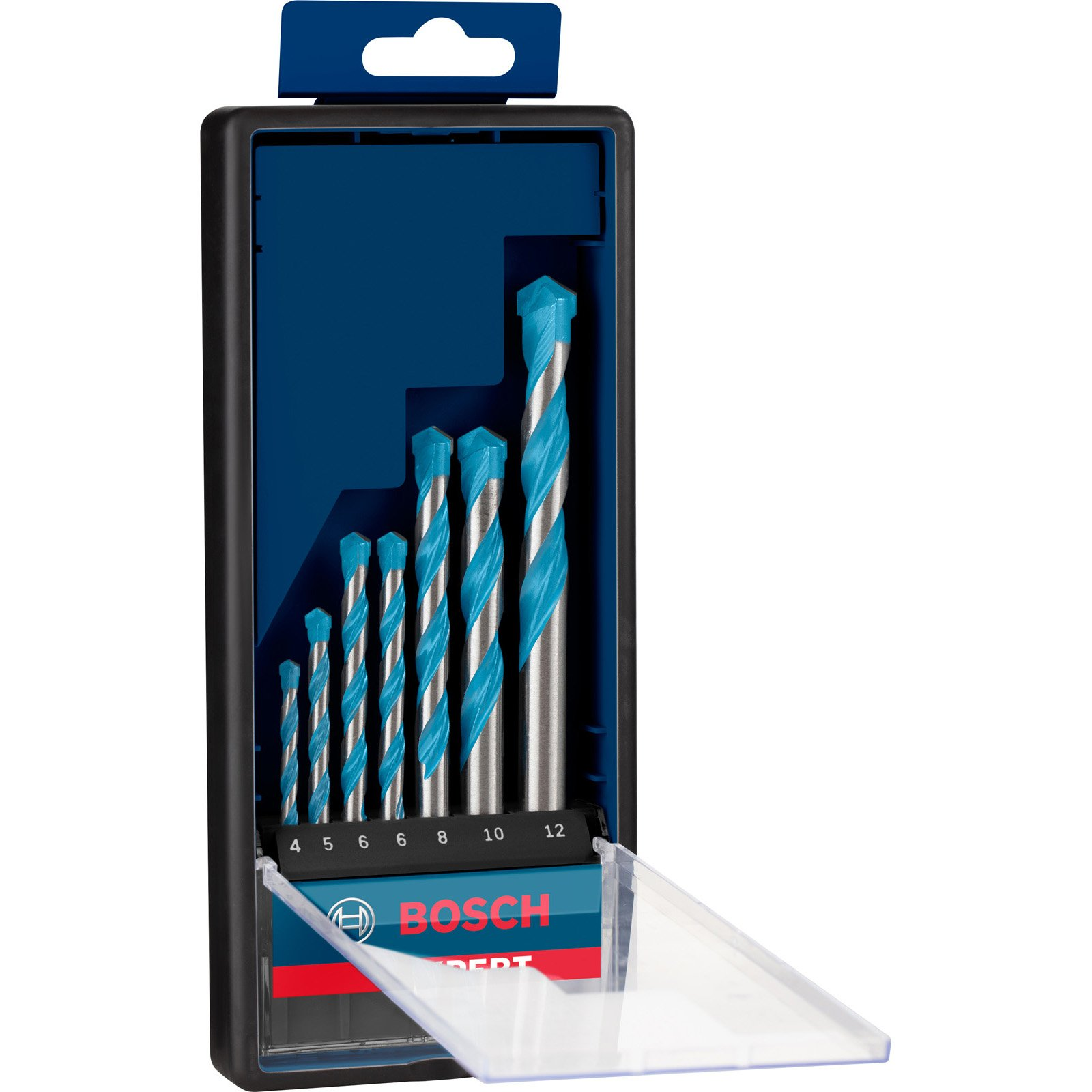 Zestaw wierteł w przezroczystym etui z niebieskim tłem. Wiertła różnych rozmiarów.